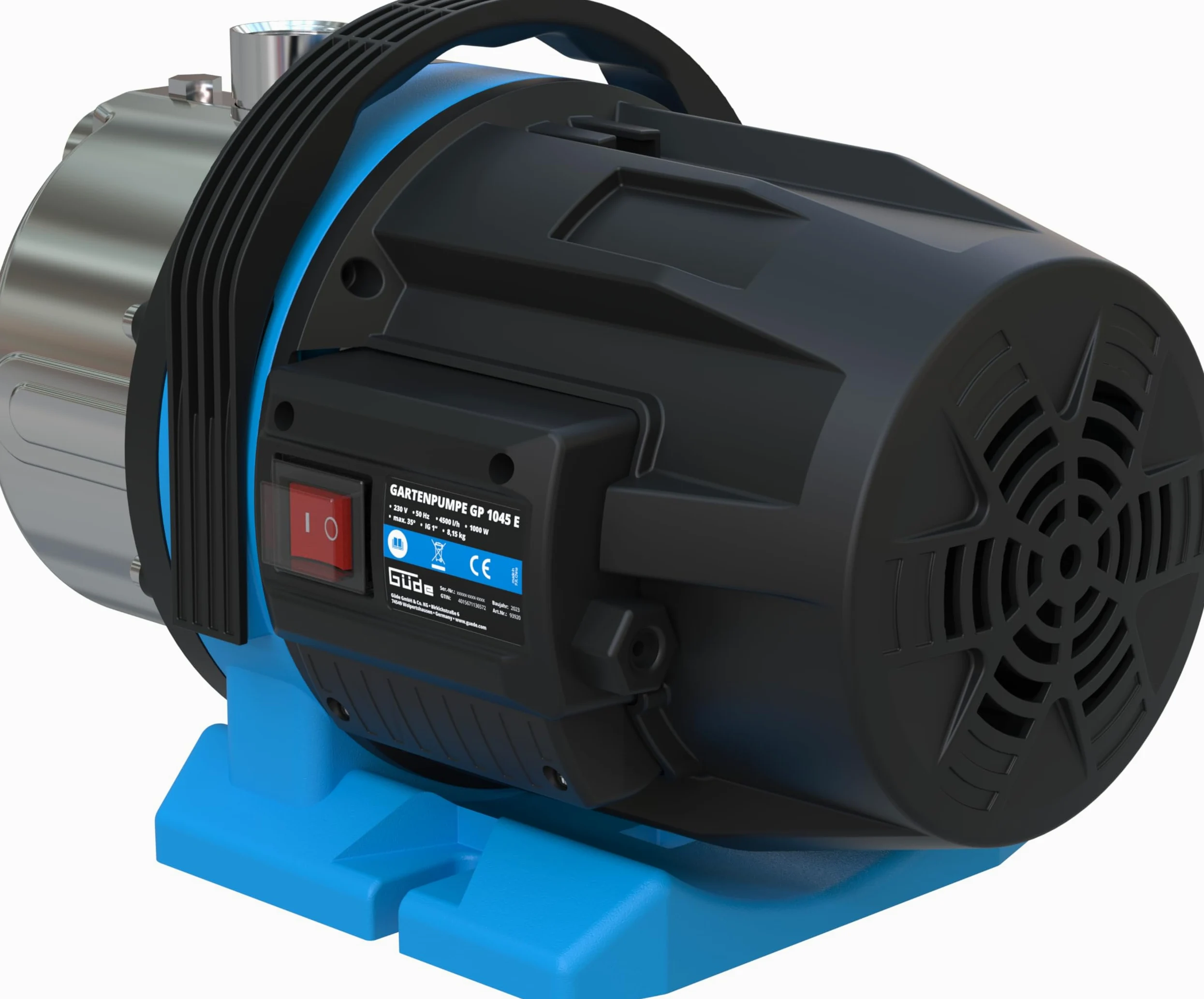 Güde Pompe de jardin GP 1045 E (1000 W, débit : 4500 l/h, hauteur de refoulement max. : 45 m, hauteur d'aspiration max. : 8 m, boîtier de pompe en acier inoxydable, roue norylle, disjoncteur thermique