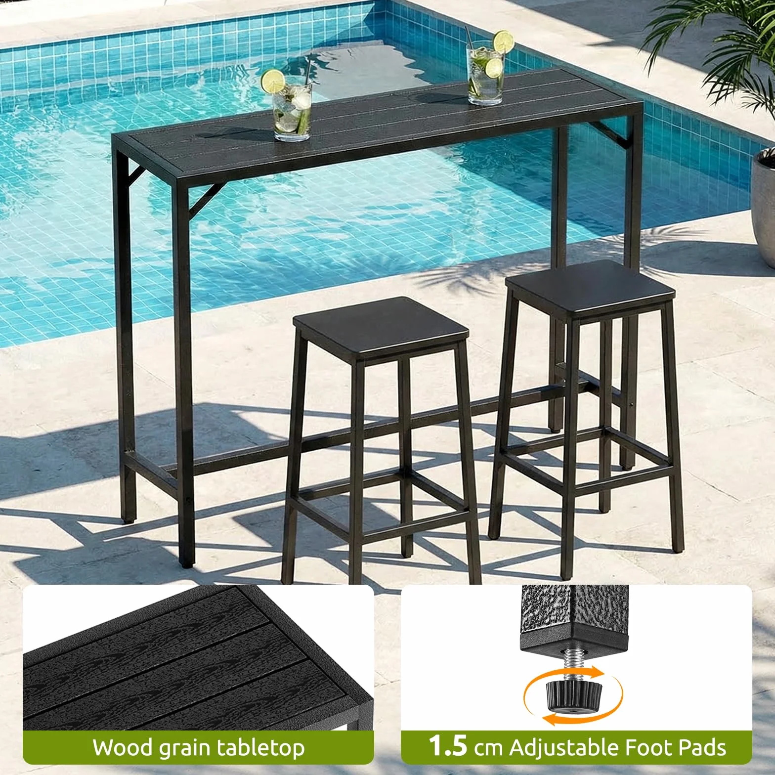 Table de Bar Exterieur LIFERUN 120 x 38 x 98 cm Pieds Réglables Plateau Étanche Noir