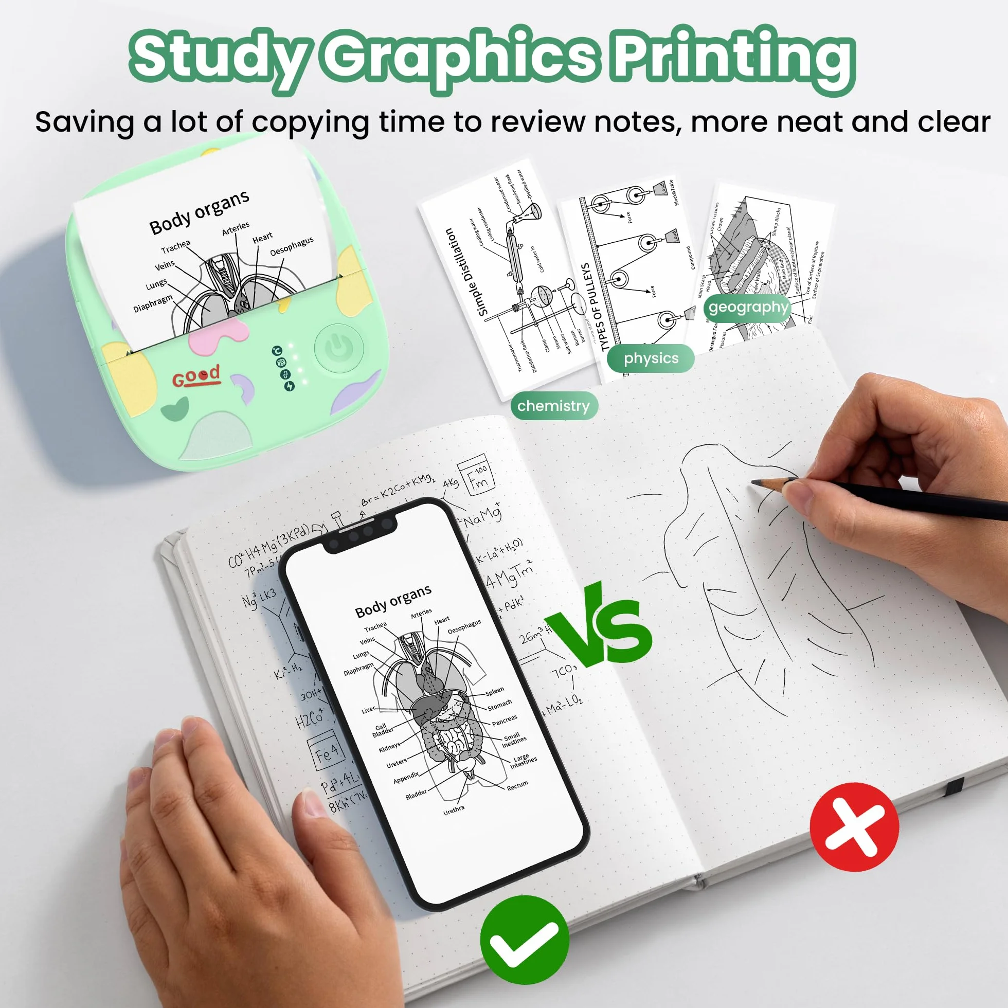 Imprimante Thermique Mini sans Encre Bluetooth Portable 3 Rouleaux Papier Vert pour Stickers Étiquettes DIY Enfants
