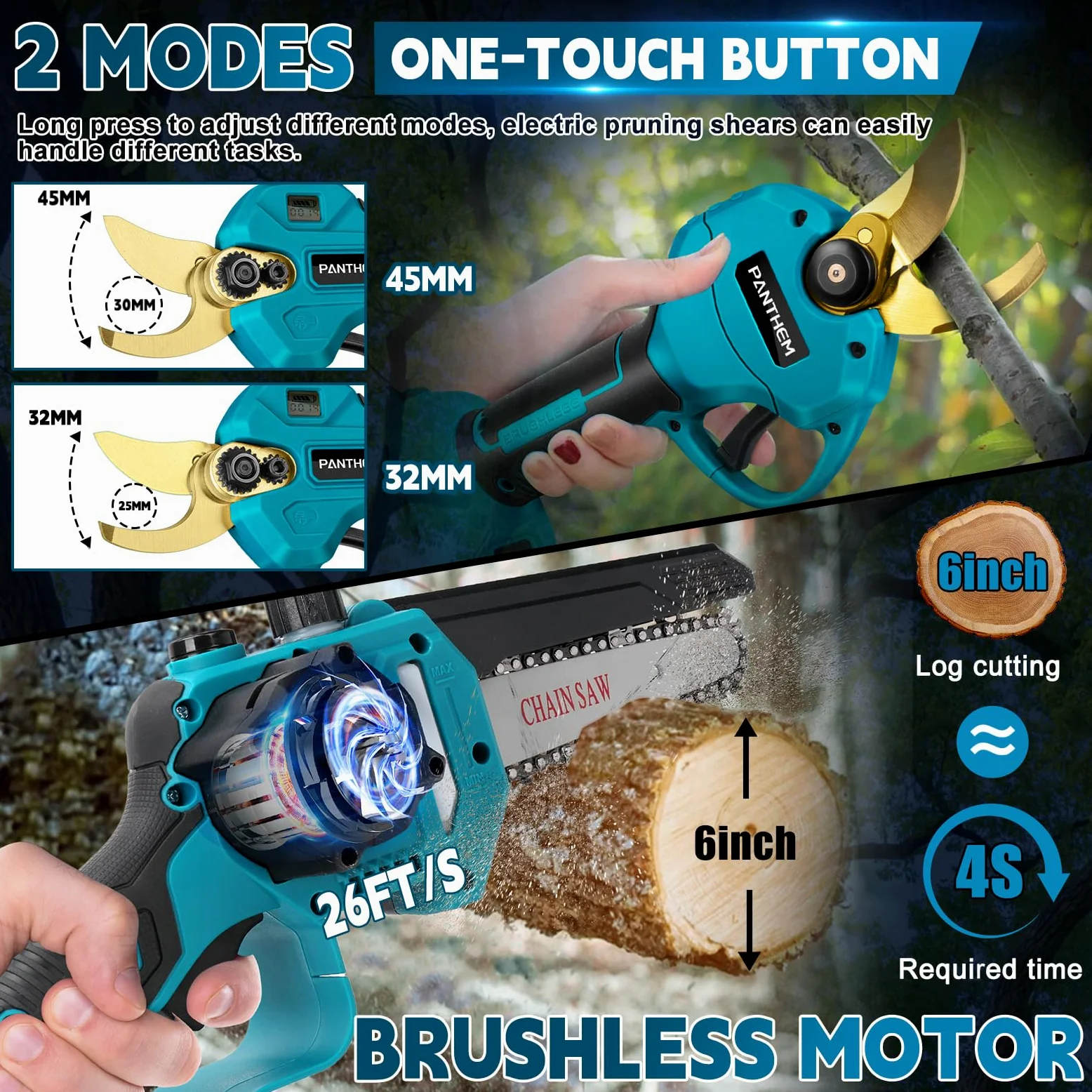 elagueuse sur perche sans fil 4 en 1 Sécateur et tronconneuse telescopique | Mini tronçonneuse perche élagueuse avec batterie et scie à elagueuse telescopique Pour Makita 18 V, coupe branche