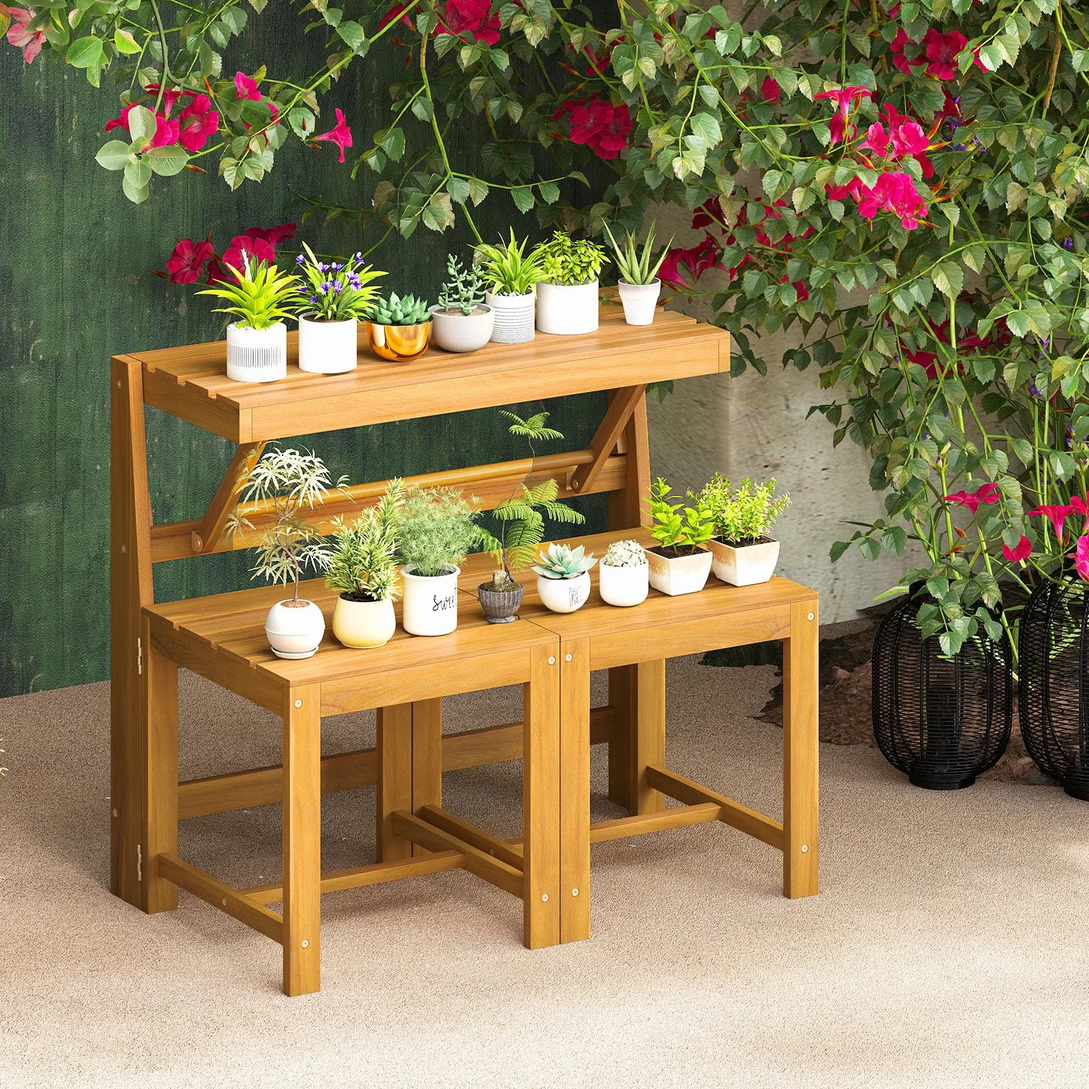 GOPLUS Salon de Jardin Extérieur 3 en 1 Banc Convertible Acacia Pliant 2 Personnes FSC Naturel