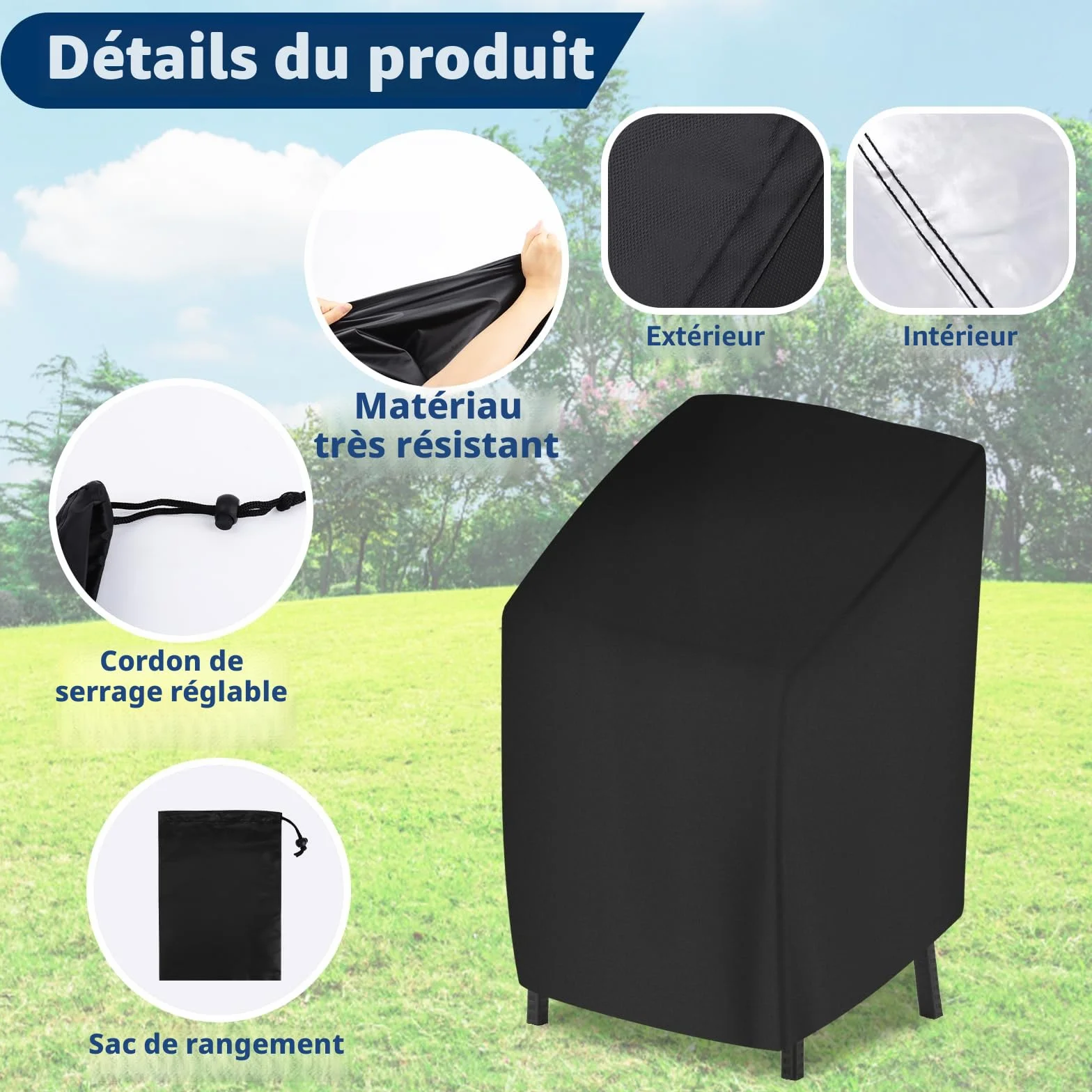 Housses de Chaises de Jardin Empilable 210D Imperméable Anti-UV Résistant Au Froid Noir