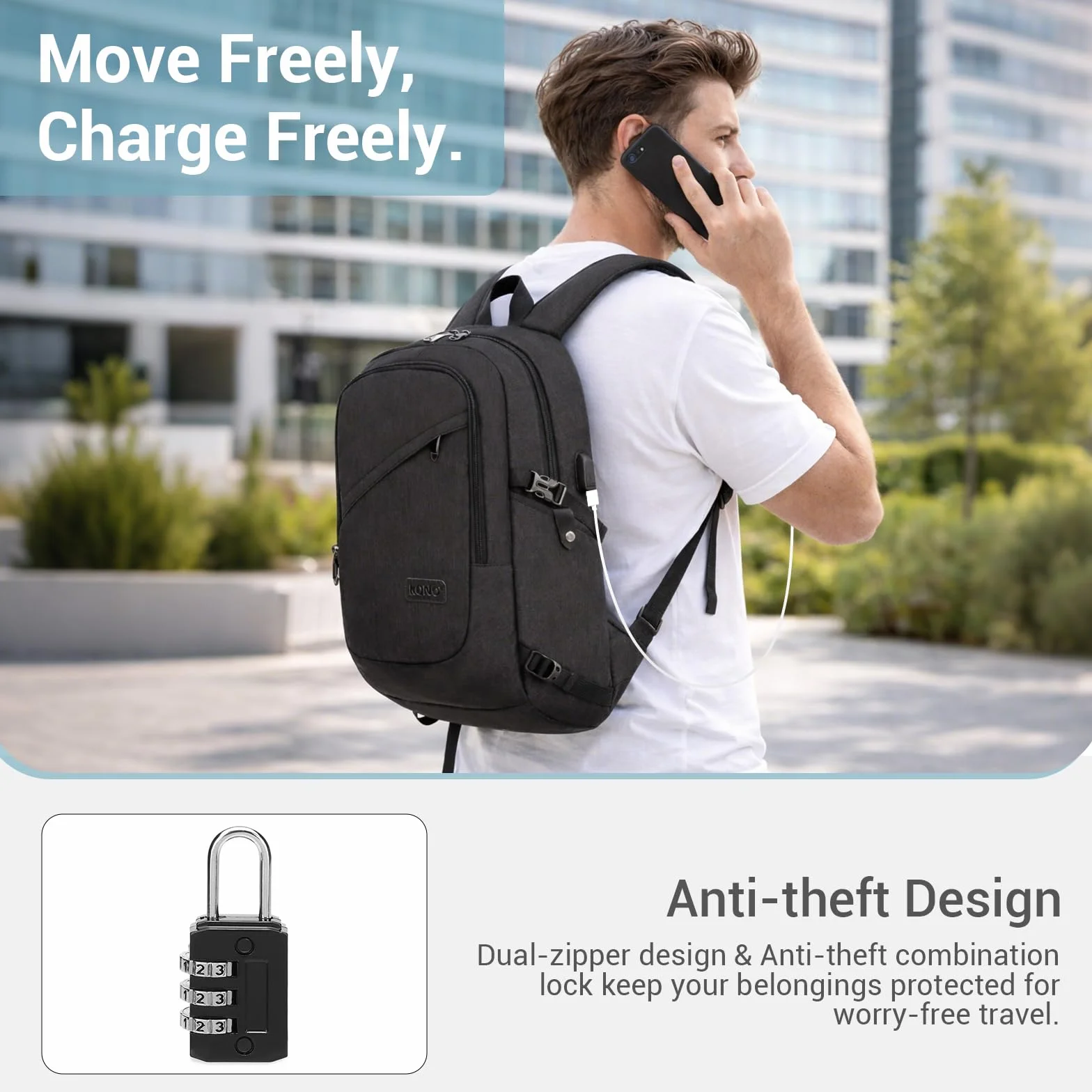 Sac à Dos Ordinateur Portable 15.6 Pouces Antivol avec Cadenas et Port USB, Imperméable Voyage Travail Vélotaf Scolaire Homme Femme Noir