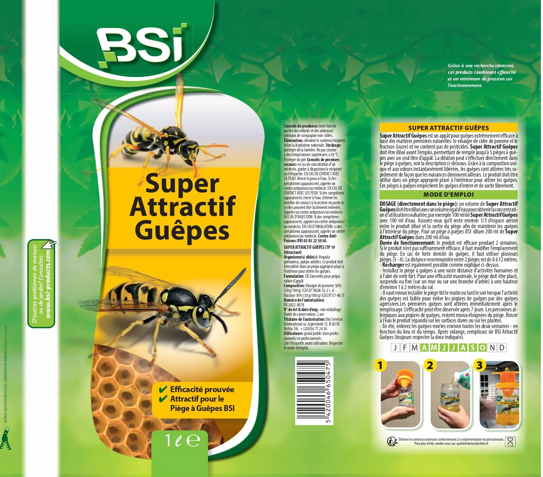 BSI Attractif Puissant Pour Piège À Guêpes Et Frelons Naturel 1L
