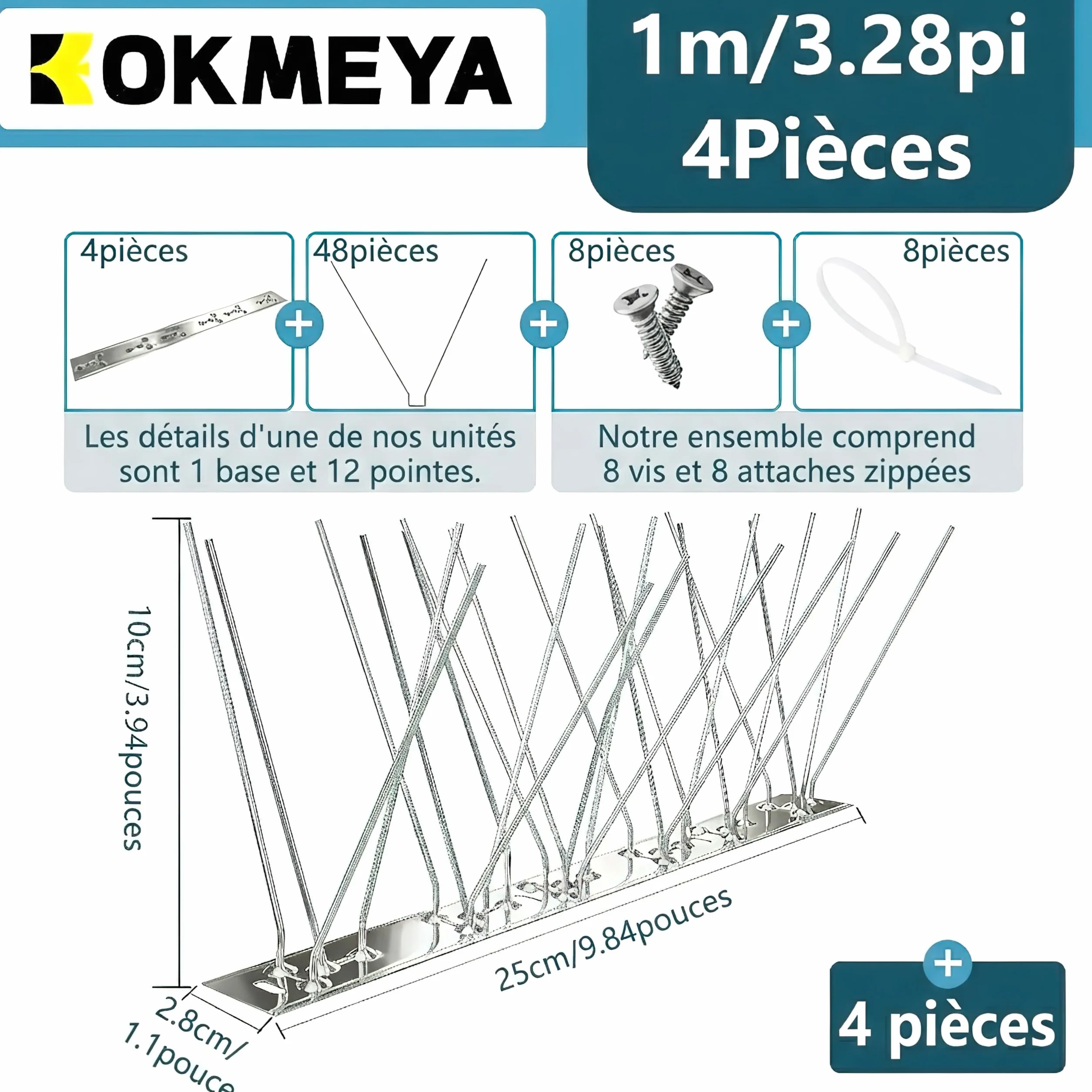 Anti Pigeon INOX 304 Kit Répulsif Oiseaux 1m 4 Pcs 25cm 8 Vis 8 Colliers