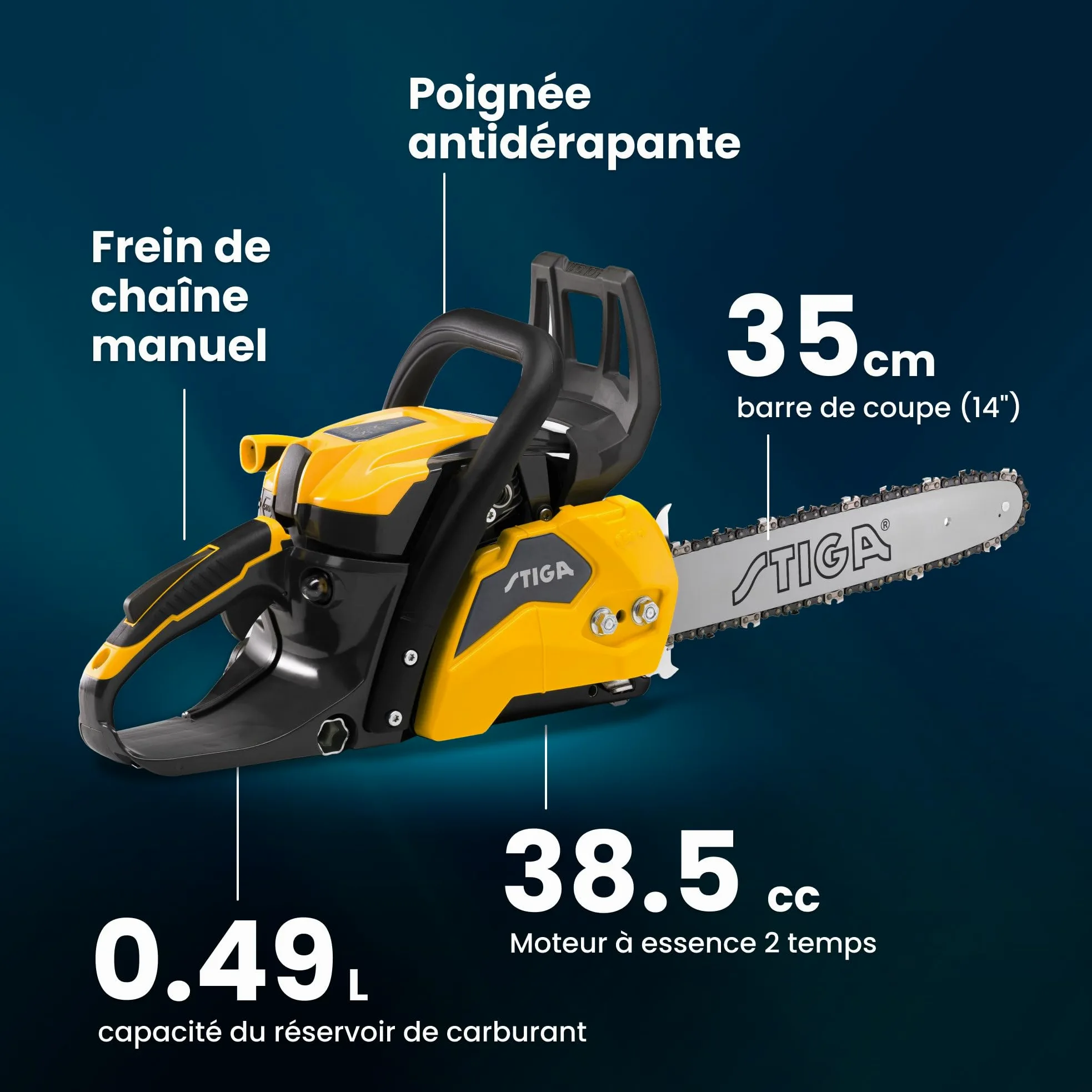 STIGA CS 540 (14') tronçonneuses - Moteur 1,6 kW 38,5 cc, guide 35 cm, carter en magnésium, pompe à huile automatique réglable, guidon ergonomique Soft-Touch