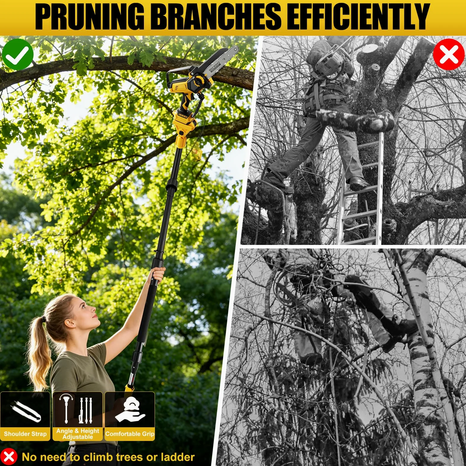 Mini Tronconneuse avec Perche 8 Pouces & Secateur Electrique 28 mm | Telescopique, pour Dewalt 18 V, 20 V Batterie, 4 en 1 Élagueuse sur Perche, Portée Maximale 4,5 m