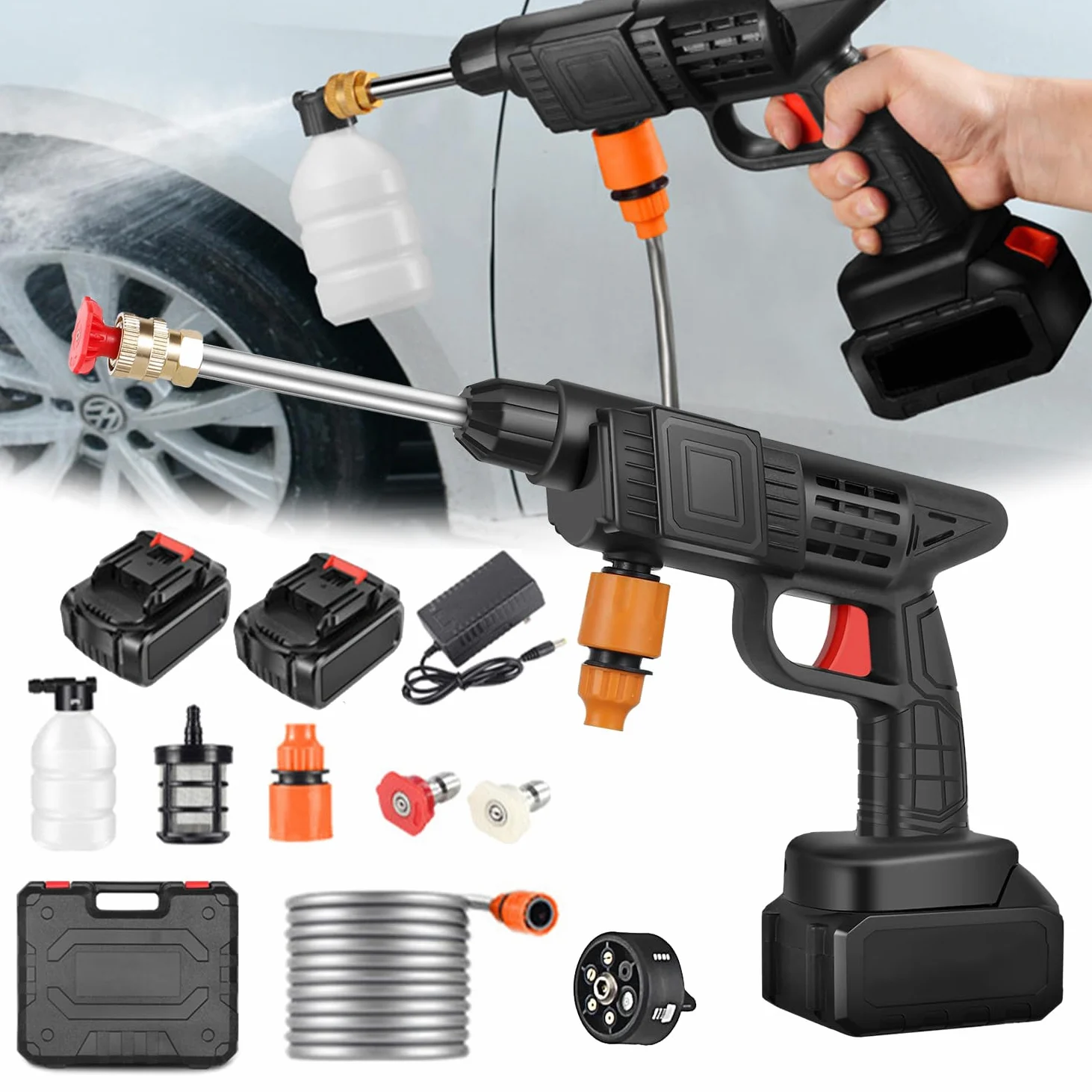 Nettoyeur Haute Pression sans Fil Portable Max 90 Bar avec 2 Batteries, Buse Multi-pulvérisation 6 en 1, Tuyau de 5M, Lance D'extension, Outil de Nettoyage de Voiture en Plein Air pour Jardin