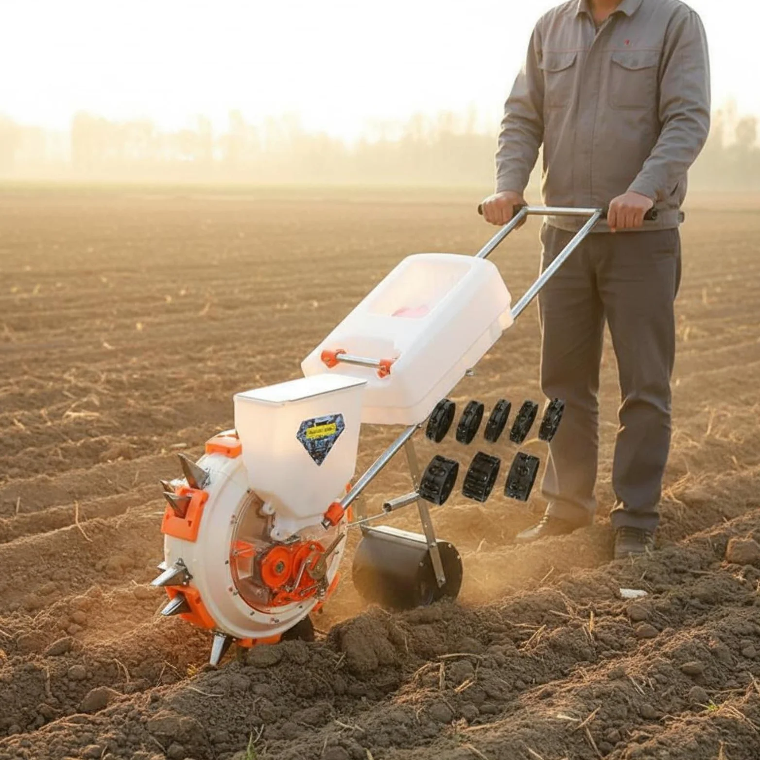 Handheld Seeder Semoir Planteur Épandeur Manuel à Poussée avec Roue Tasseuse Acier Inoxydable et Plastique Semis Régulier et Fertilisation Contrôlée, L 28CM, 6-Buse