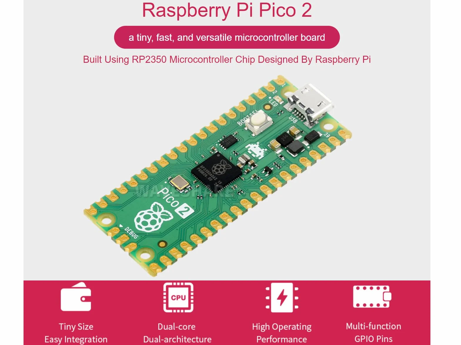 Raspberry Pi Pico 2 RP2350 Microcontroller Board Pre-Soldered with Header Dual-Core