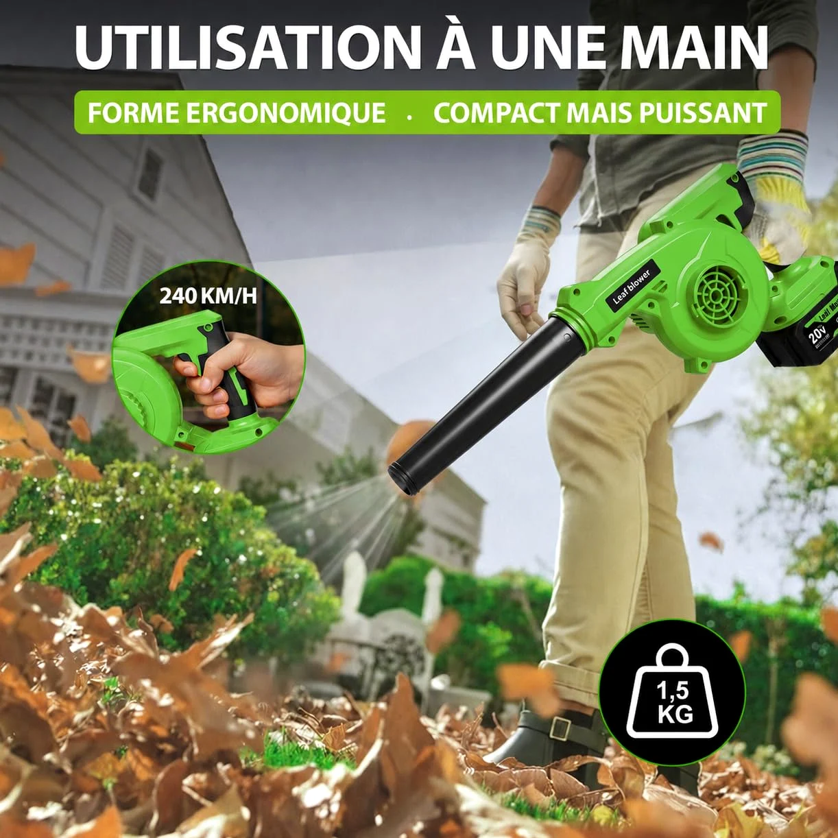 Souffleur de Feuilles sans Fil 20V 2-en-1, Aspirateur Souffleur Batterie 150 MPH, 2 Batteries 2Ah, Vitesse Variable, pour Jardin Terrasse Garage Voiture