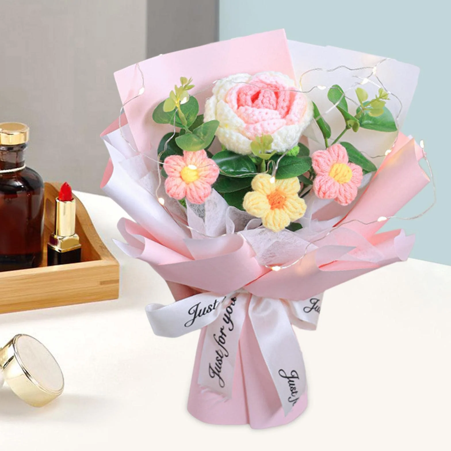 Bouquet de Fleurs Crochet Rose Tissé à la Main Polyvalent Ornement Tricoté Fête des Mères