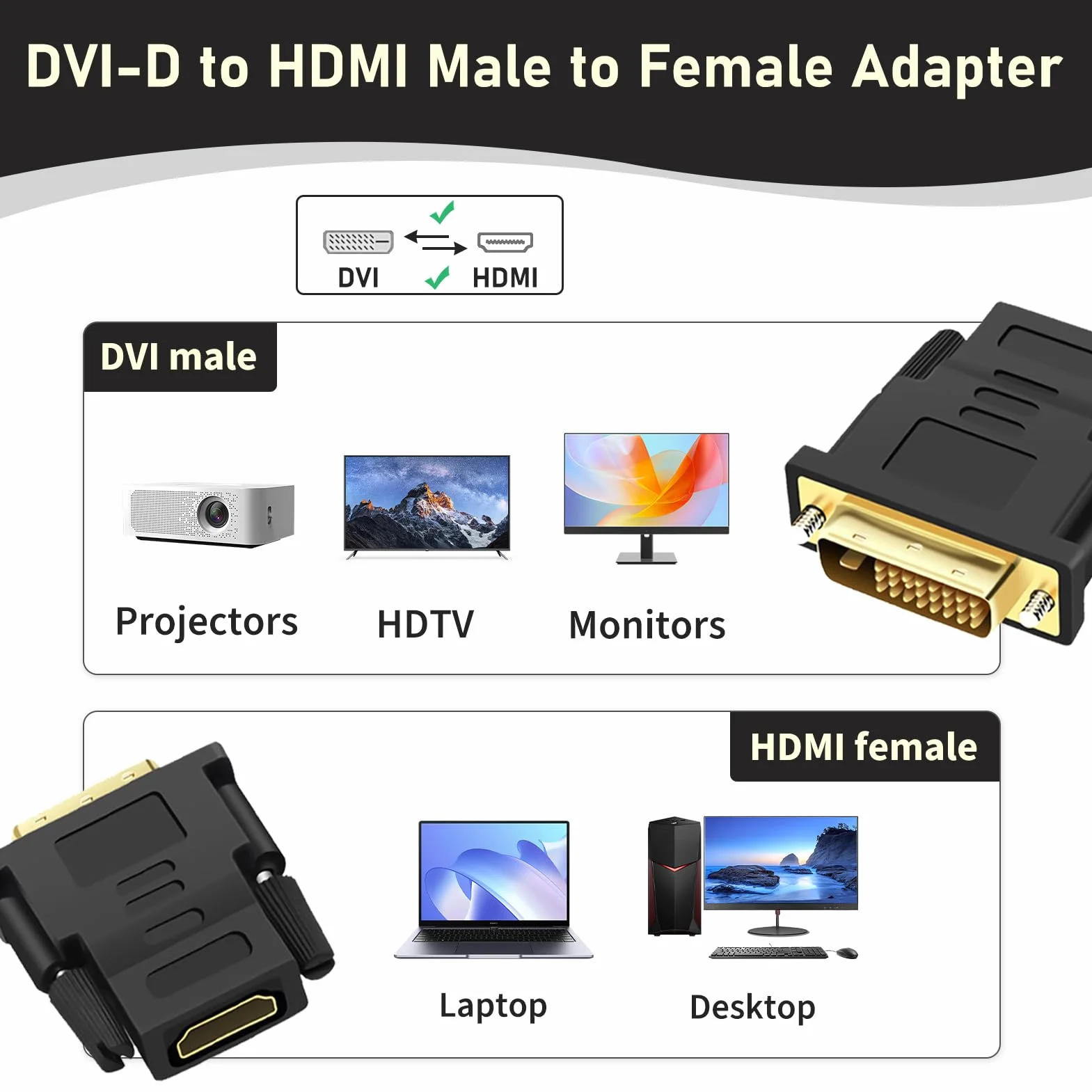 Adaptateur DVI vers HDMI Bidirectionnel Mâle vers Femelle, Connecteur Vidéo Numérique Full HD 1080p, Plaqué Or