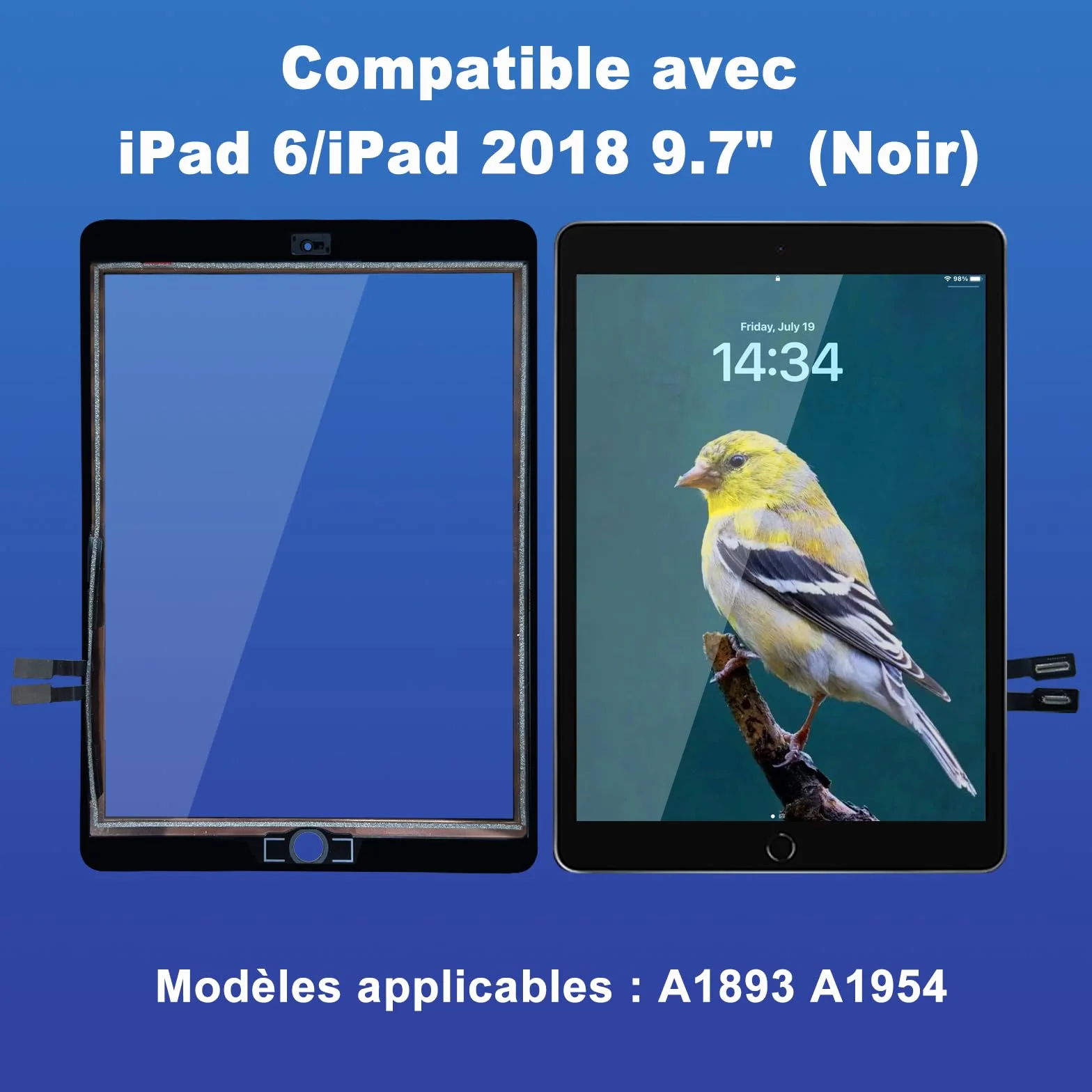 Écran Tactile iPad 6ème Génération 9.7" Remplacement 2018 Digitizer Adhésif Pré-installé Noir A1893 A1954