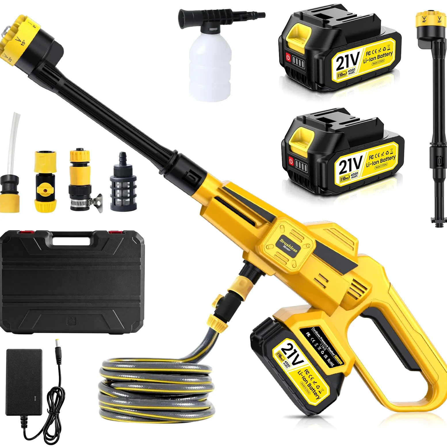 Nettoyeur Haute Pression Sans Fil, avec 2 x 4000 mAh Batteries,Buse 6-en-1 & Contrôle de Pression Réglable,Raccordable au robinet,Nettoyeur Haute Pression pour Voitures,Sol,Les Salissures Quotidiennes