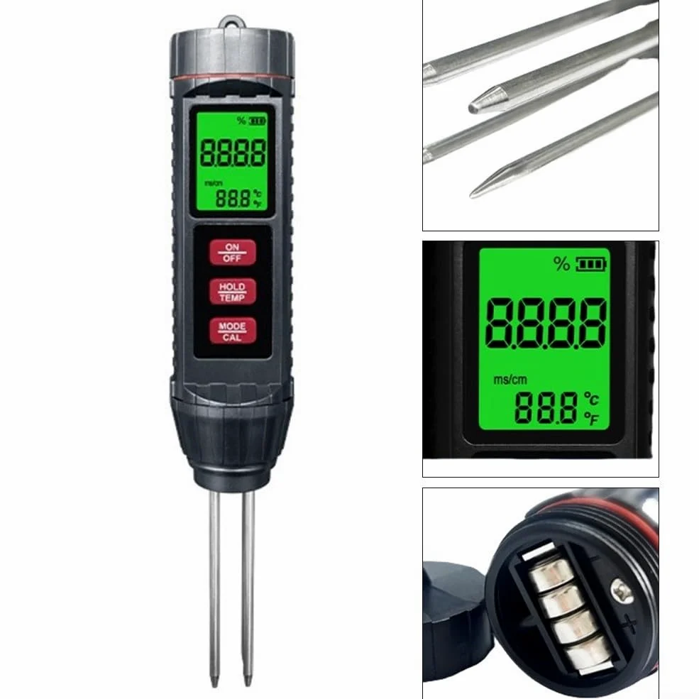 Humidimètre 3 en 1 avec rétroéclairage LCD - Moniteur numérique d'eau pour plantes - Température d'humidité - Conductivité - Outil de jardin intérieur ou extérieur - 211 mm