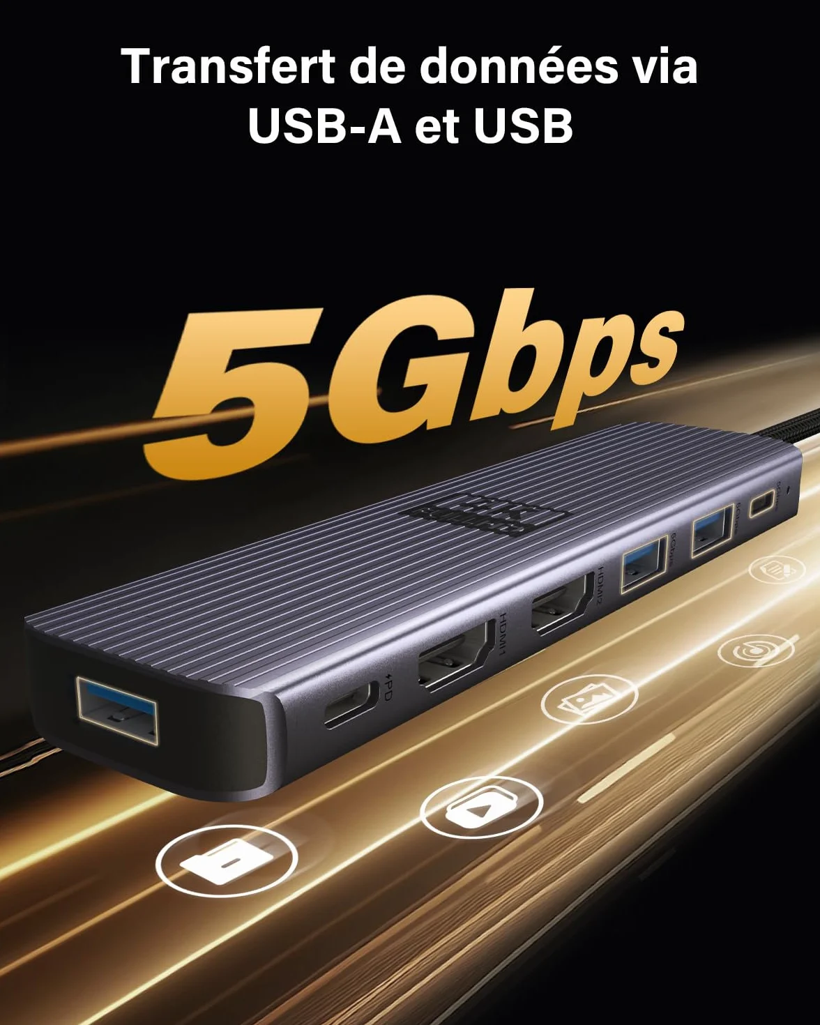 Newmight 7 en 1 Station d'accueil USB-C Double HDMI 4K60Hz 2 Ports HDMI 3 Ports USB 3.0 Charge PD 100W
