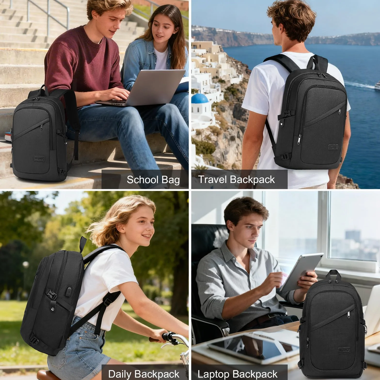 Sac à Dos Ordinateur Portable 15.6 Pouces Antivol avec Cadenas et Port USB, Imperméable Voyage Travail Vélotaf Scolaire Homme Femme Noir