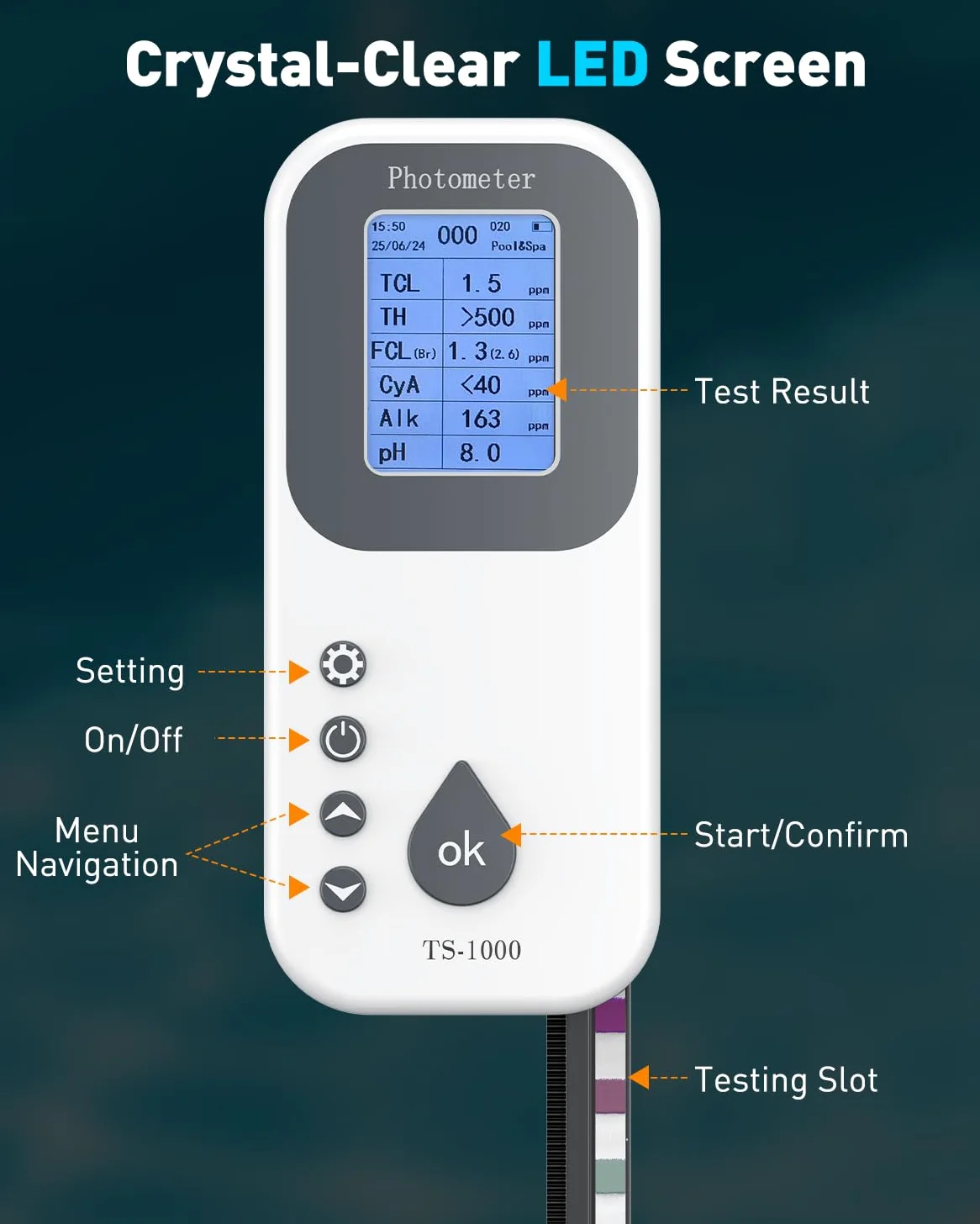Pawfly Kit Test Eau Numérique 7 en 1 50 Bandelettes Test Spa Testeur Eau Piscine Numérique pH Dureté Totale Chlore Total Chlore Libre Alcalinité Totale Acide Cyanurique et Brome