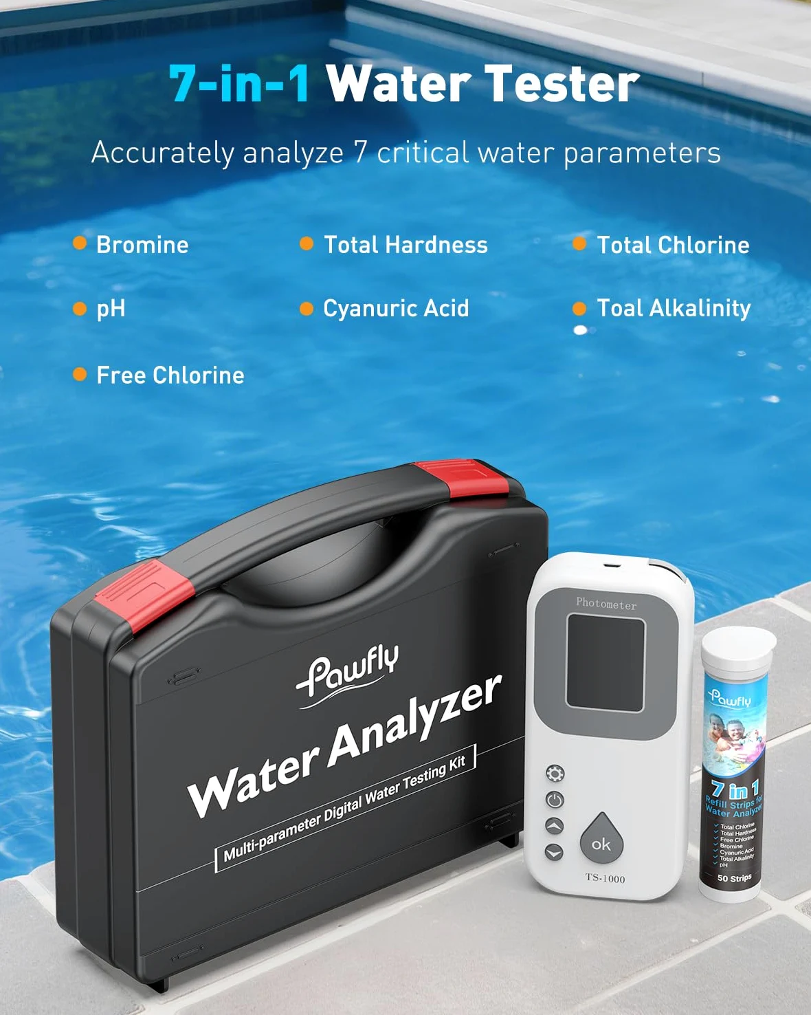 Pawfly Kit Test Eau Numérique 7 en 1 50 Bandelettes Test Spa Testeur Eau Piscine Numérique pH Dureté Totale Chlore Total Chlore Libre Alcalinité Totale Acide Cyanurique et Brome