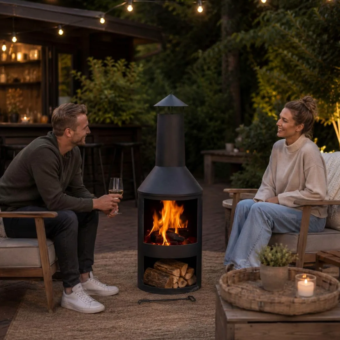 BBQ Collection Brasero 134 x 44,5 cm - Incinerateur de Jardin sur Pied - Decoration Jardin et Terrasse Exterieur - avec Cheminée - Rangement de Bois - Acier au Carbone