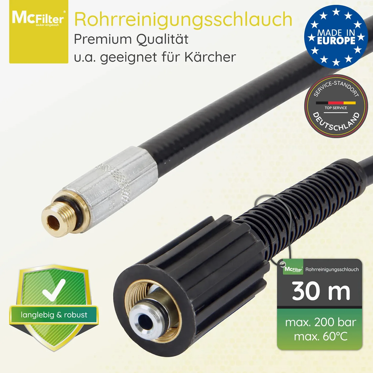 Flexible de nettoyage de tuyaux, 30m, 160-200 bar, adaptateur inclus, buses fixes + rotatives, compatible avec les nettoyeurs haute pression Kärcher K2, K3, K4, K5, K6, K7