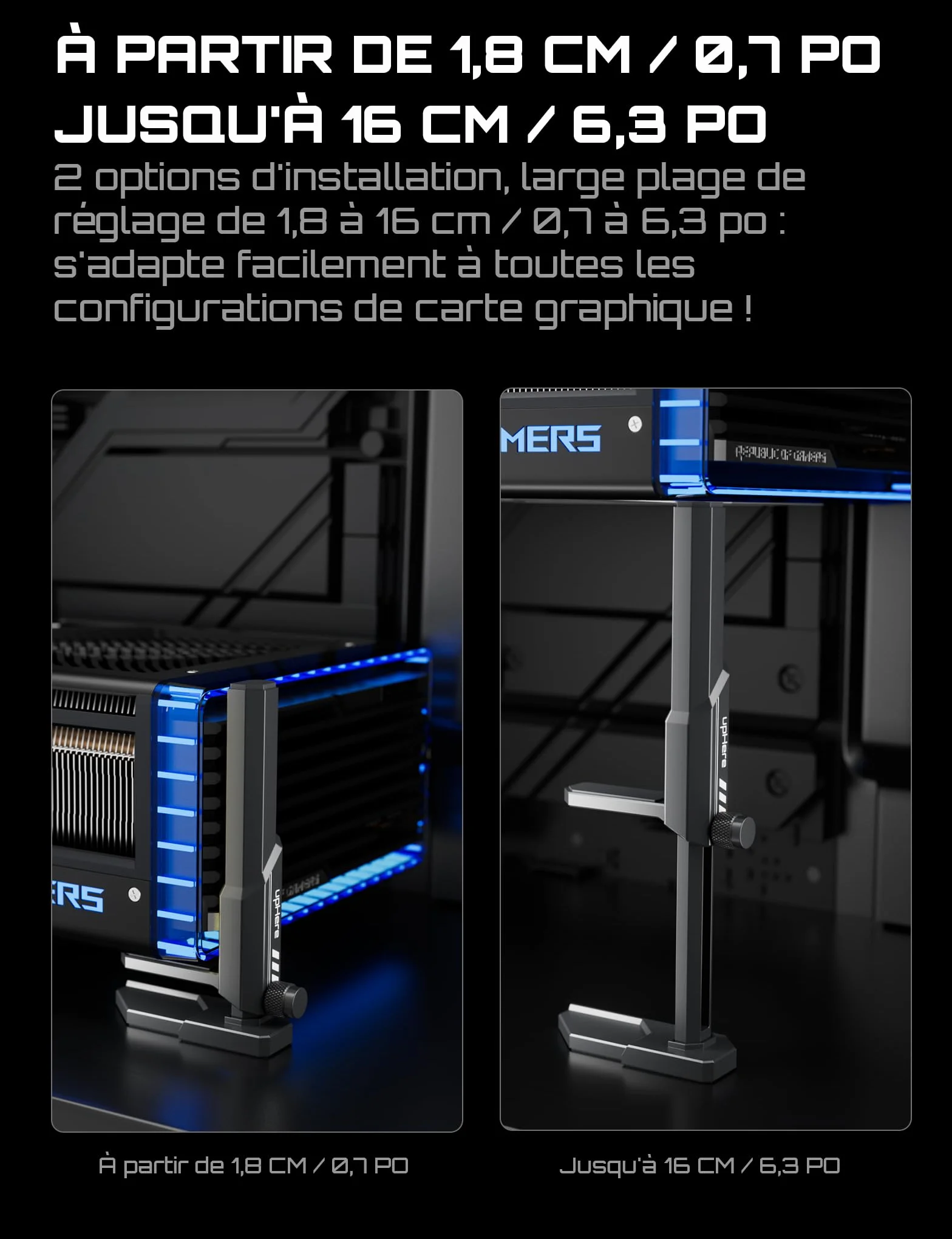upHere GH07 Support GPU Alliage de Zinc Hauteur Réglable Carte Graphique Base Magnétique Patin Caoutchouc 18-160mm Noir