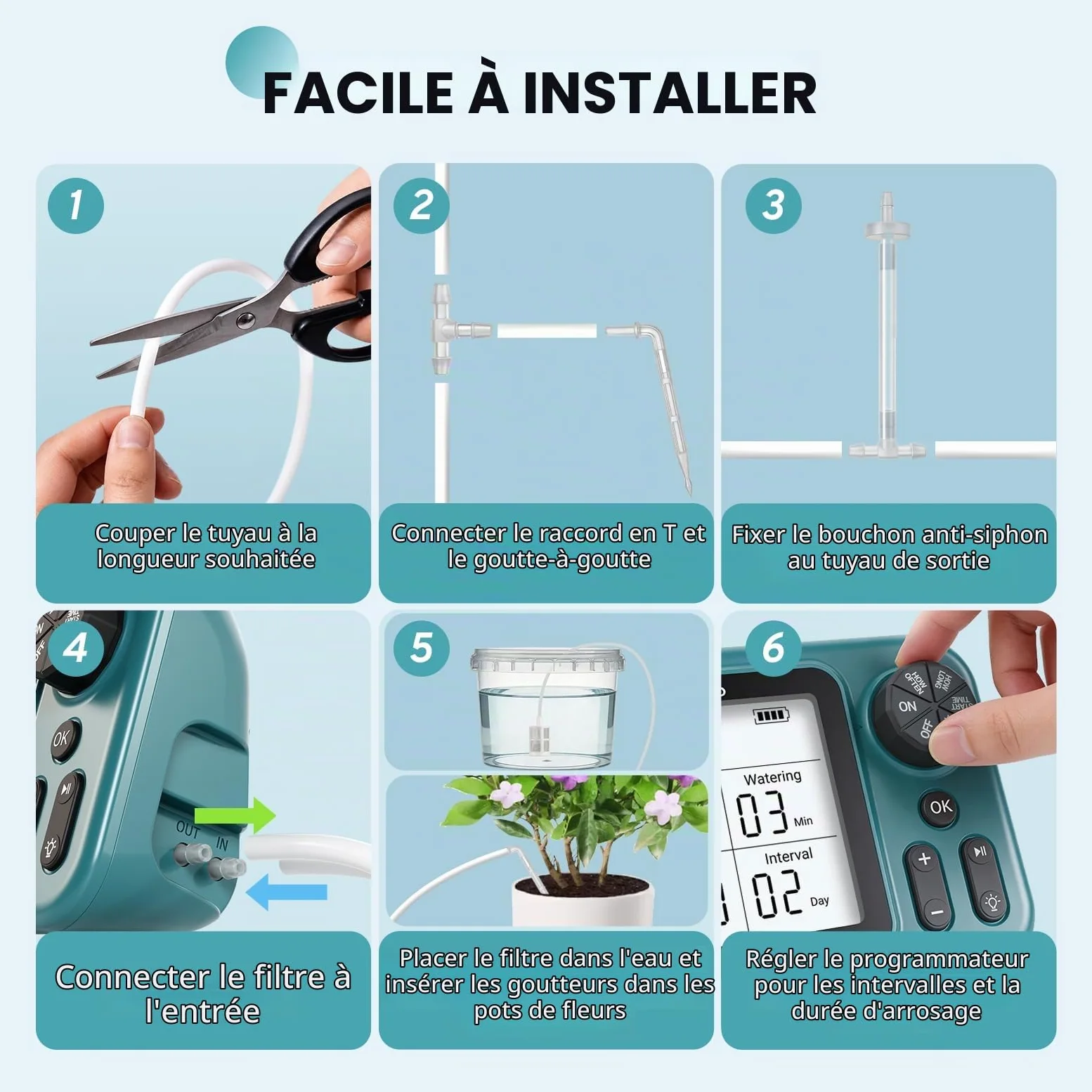 Kit d'Arrosage Goutte à Goutte Automatique Solaire, Programmateur Large Écran 3,5", Irrigation Racinaire Précise pour Jusqu’à 15 Plantes, Pompe 800 ml/min pour balcon et jardin