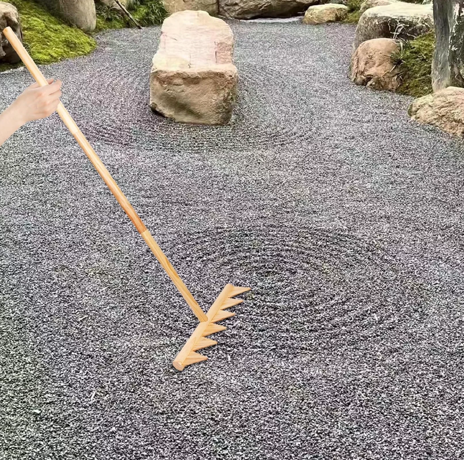 Râteau de jardin Zen - Grand râteau japonais en bois pour l'extérieur - Motif roche et sable - Outil robuste pour la conception de jardin