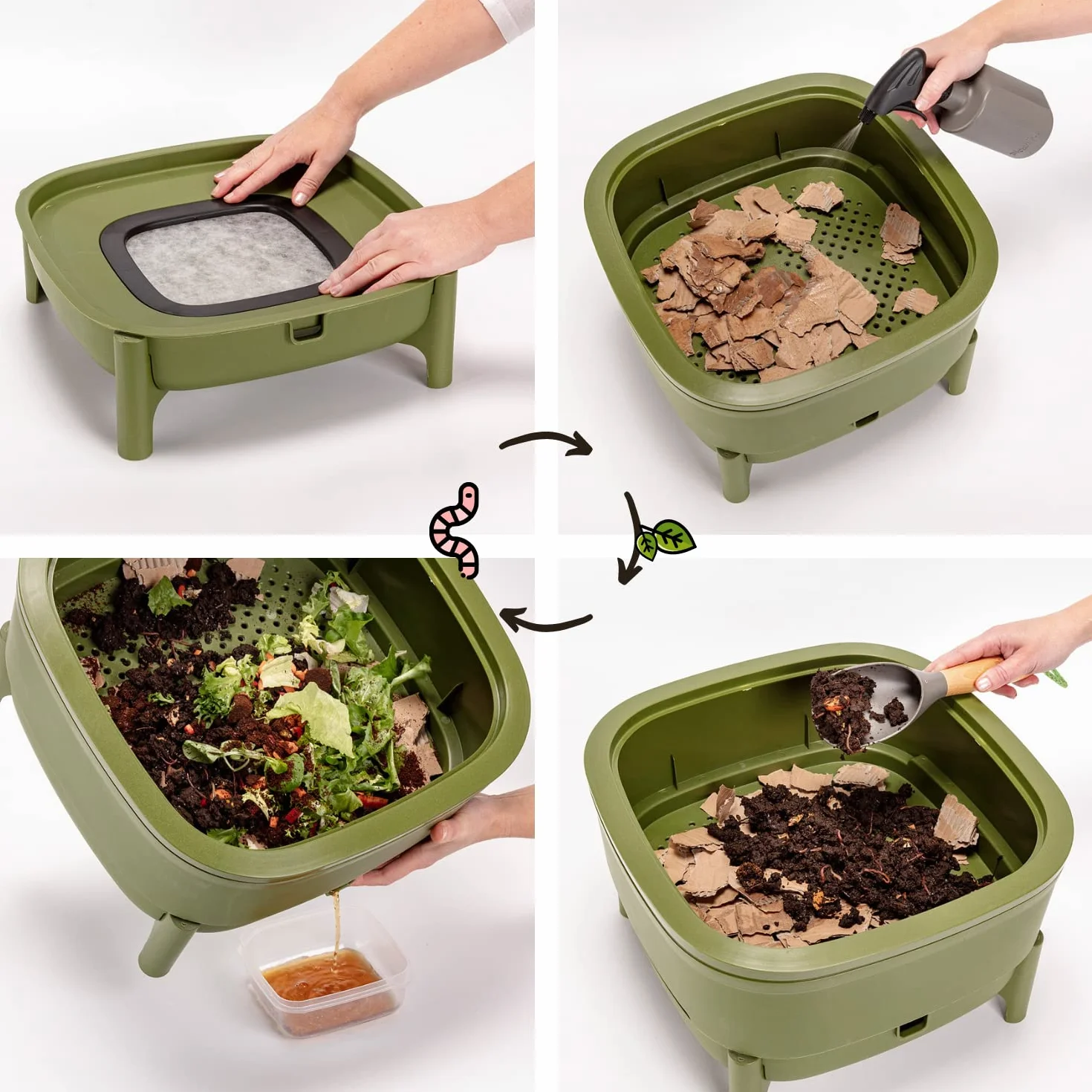 Economy Vermicompost pour cuisine et balcon – Boîte à vers design en plastique 100 % recyclé – Vermicompost comme ferme à vers avec 2 bols – Volume 30 l, vert