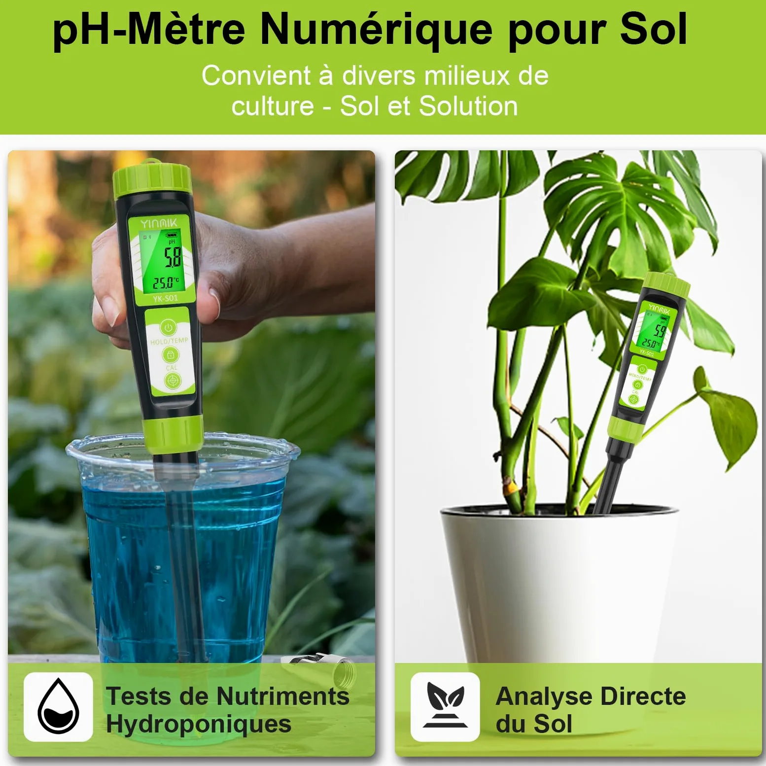 YINMIK Testeur de pH du Sol pour Jardiniers avec Sonde Supplémentaire | pH-Mètre Numérique pour Terre de Jardin, Mesure du pH de la Solution de Terreau, pH Mètre pour Sol, Hydroponie, Plante