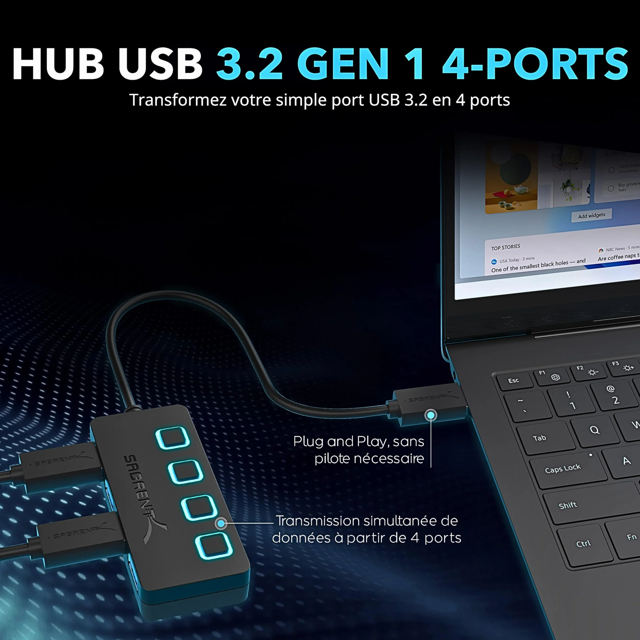 SABRENT Hub USB 3.0 Alimenté 4 Ports 5 Gbps avec Commutateurs et Voyants Individuels HB-UMP3