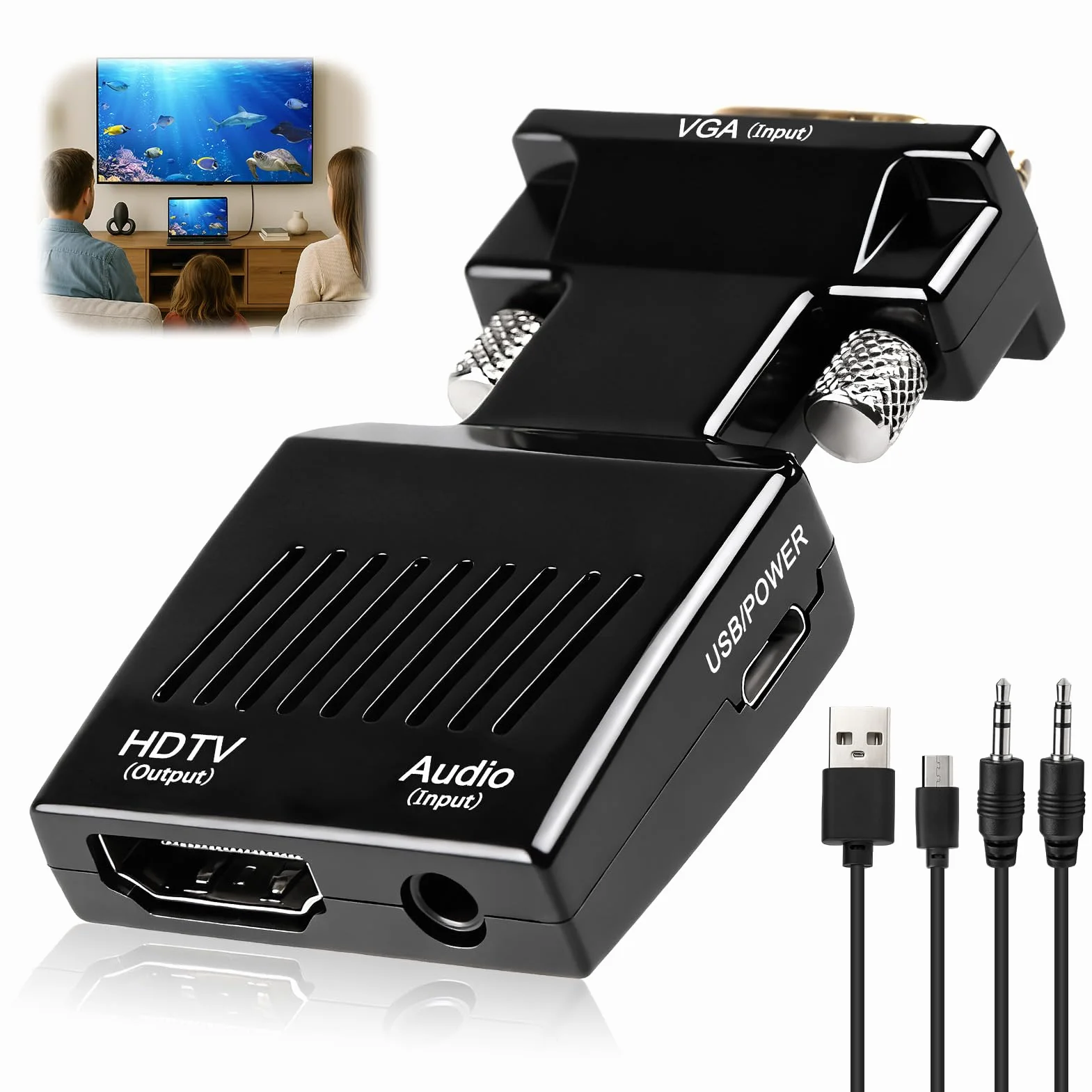 Adaptateur VGA vers HDMI 1080P Convertisseur Mâle vers Femelle 60Hz avec Câble 3,5 mm et Alimentation pour PC vers TV