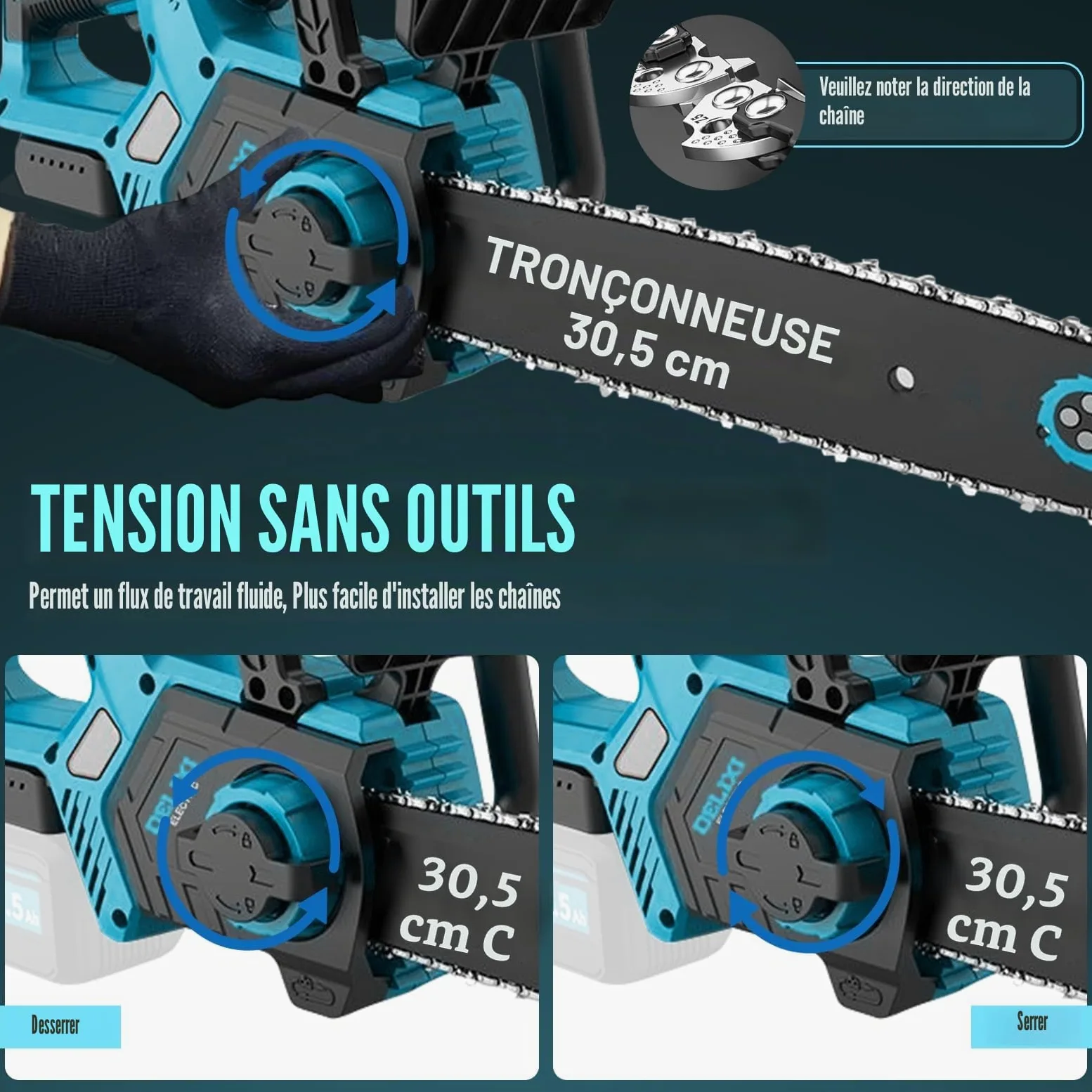 Tronçonneuse à chaîne électrique compatibles avec Makita 18V | 30 cm (12 pouces) Tronçonneuses électriques, moteur sans balais 1000W Tronçonneuse à chaîne électrique, scie à chaîne 30 cm
