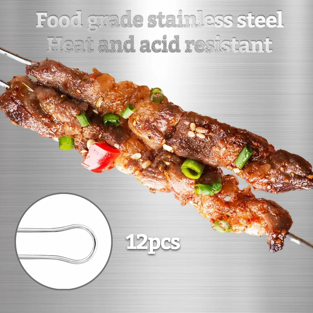 Brochettes Barbecue 28cm Acier Inoxydable Double Dents 12 Pièces