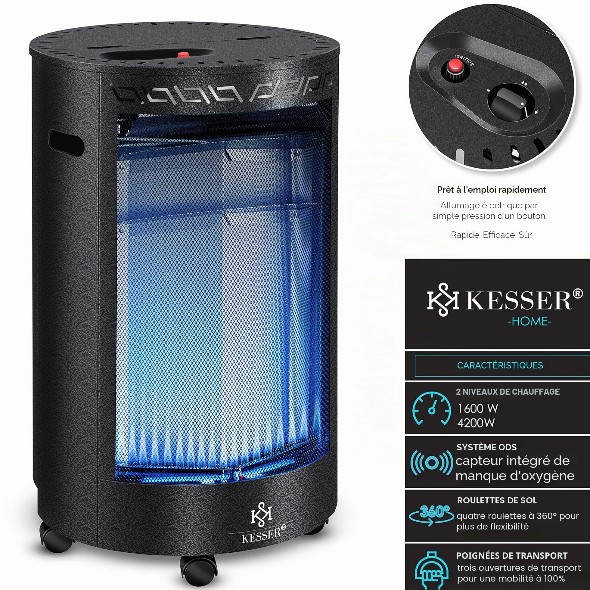 KESSER Chauffage à gaz en céramique 4200 watts avec détendeur, tuyau de gaz, brûleur infrarouge noir