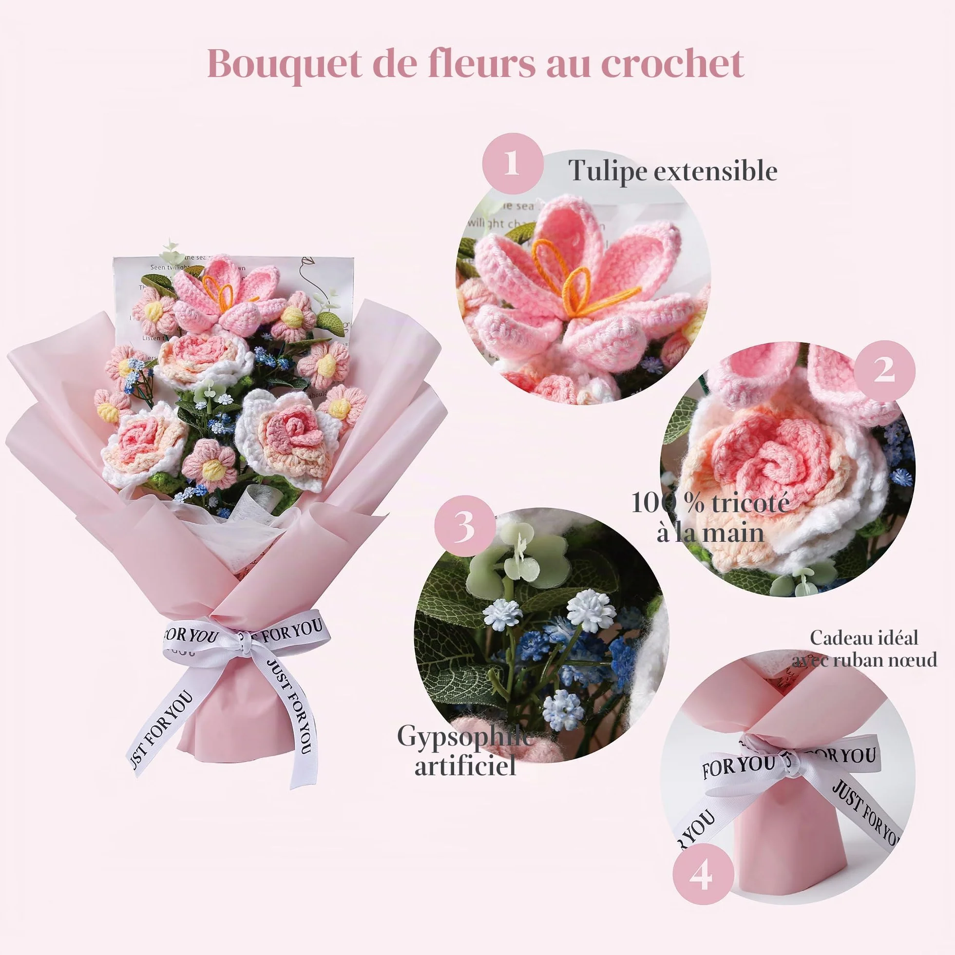 EZsenses Bouquet de fleurs au crochet – Roses tricotées à la main pour décoration d'intérieur, avec sac cadeau et carte de vœux