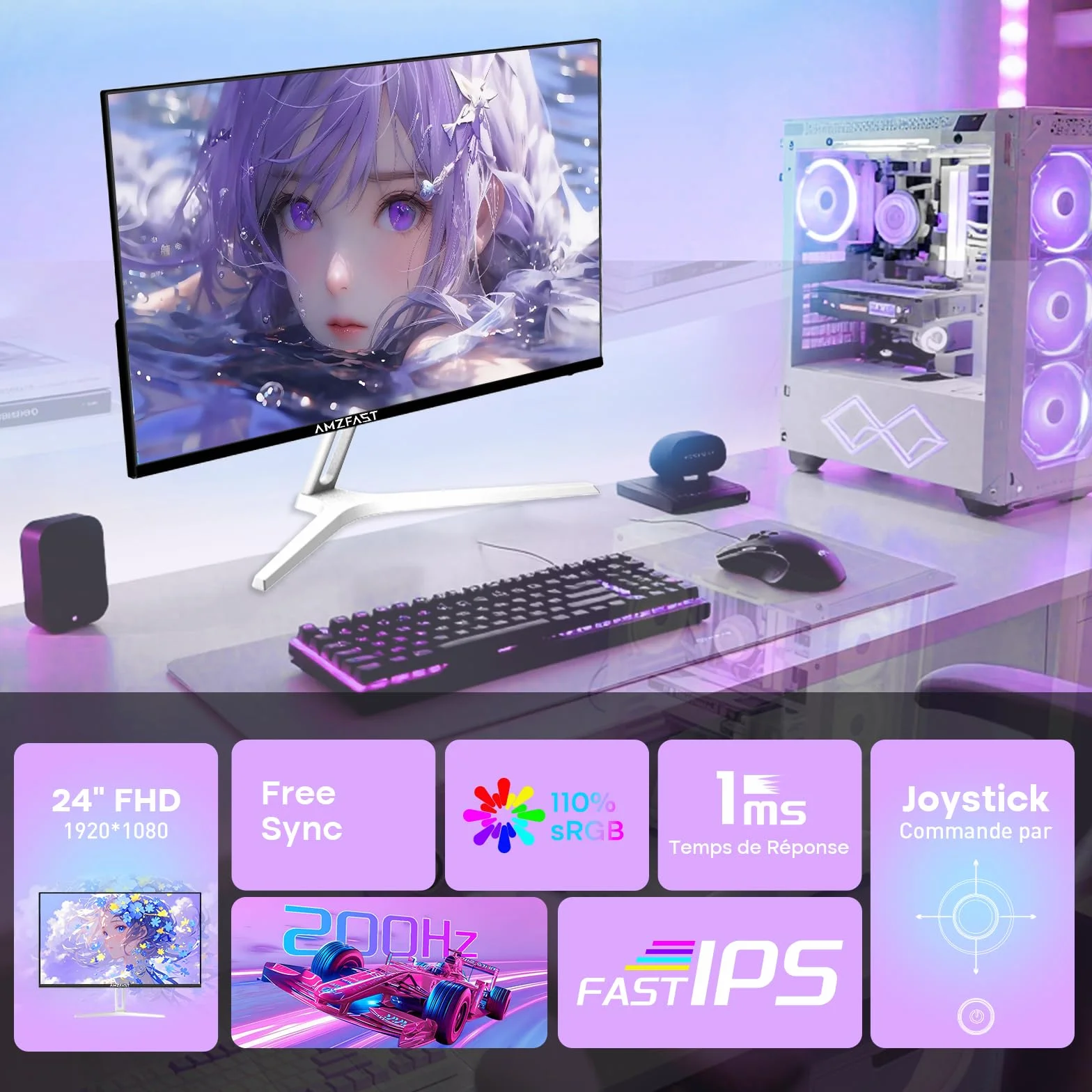 Ecran PC Gamer 24 Pouces 200Hz FHD Fast IPS 1ms MPRT HDR Adaptive Sync VESA 75x75 HDMI 2.0 DP 1.4 Blanc AMZG24X1W