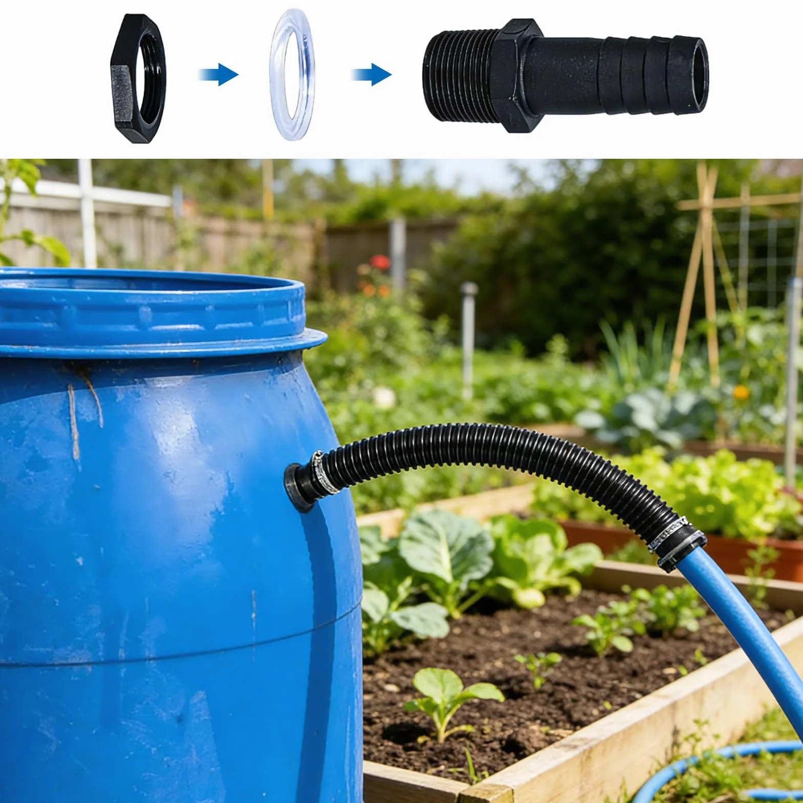 Récupérateur d'Eau de Pluie pour Tuyau Kit, 2 Raccords, Tuyau de Raccordement 1m, Clé Plate, Clé Spéciale, Accessoires de Montage pour Cuve