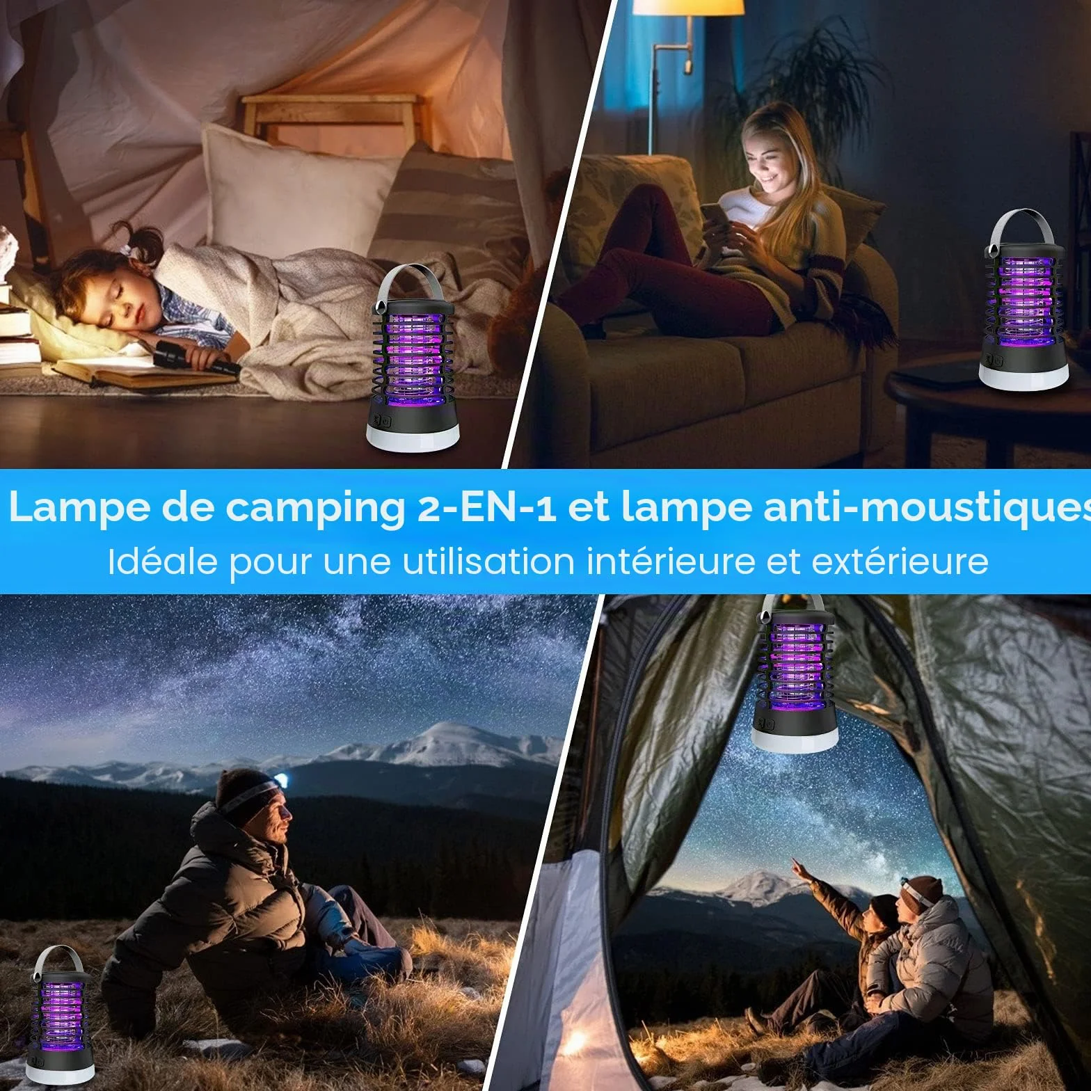 Lampe Anti Moustique Rechargeable 3 en 1 IP66 2200mAh USB Piège à Moustiques pour Intérieur et Extérieur