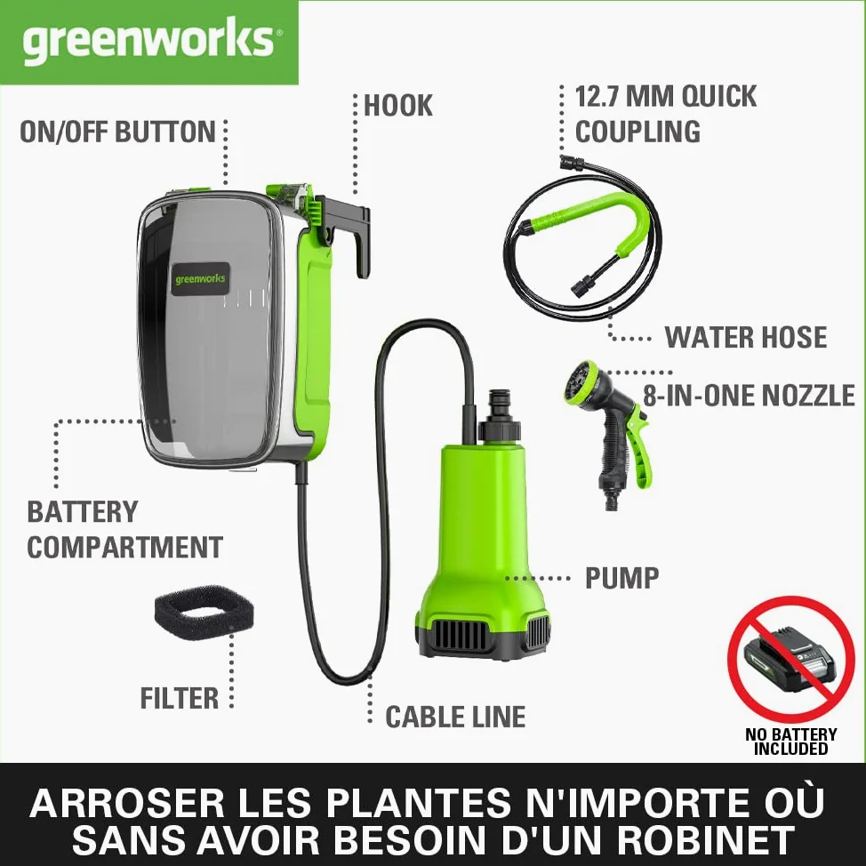 Greenworks G24SWP Pompe à Eau Submersible Sans Fil, 1800L/heure, Raccord Rapide 1/2", Tête de Pulvérisation 8-en-1, Tuyau de 2m SANS Batterie 24V Ni Chargeur, Garantie 3 Ans