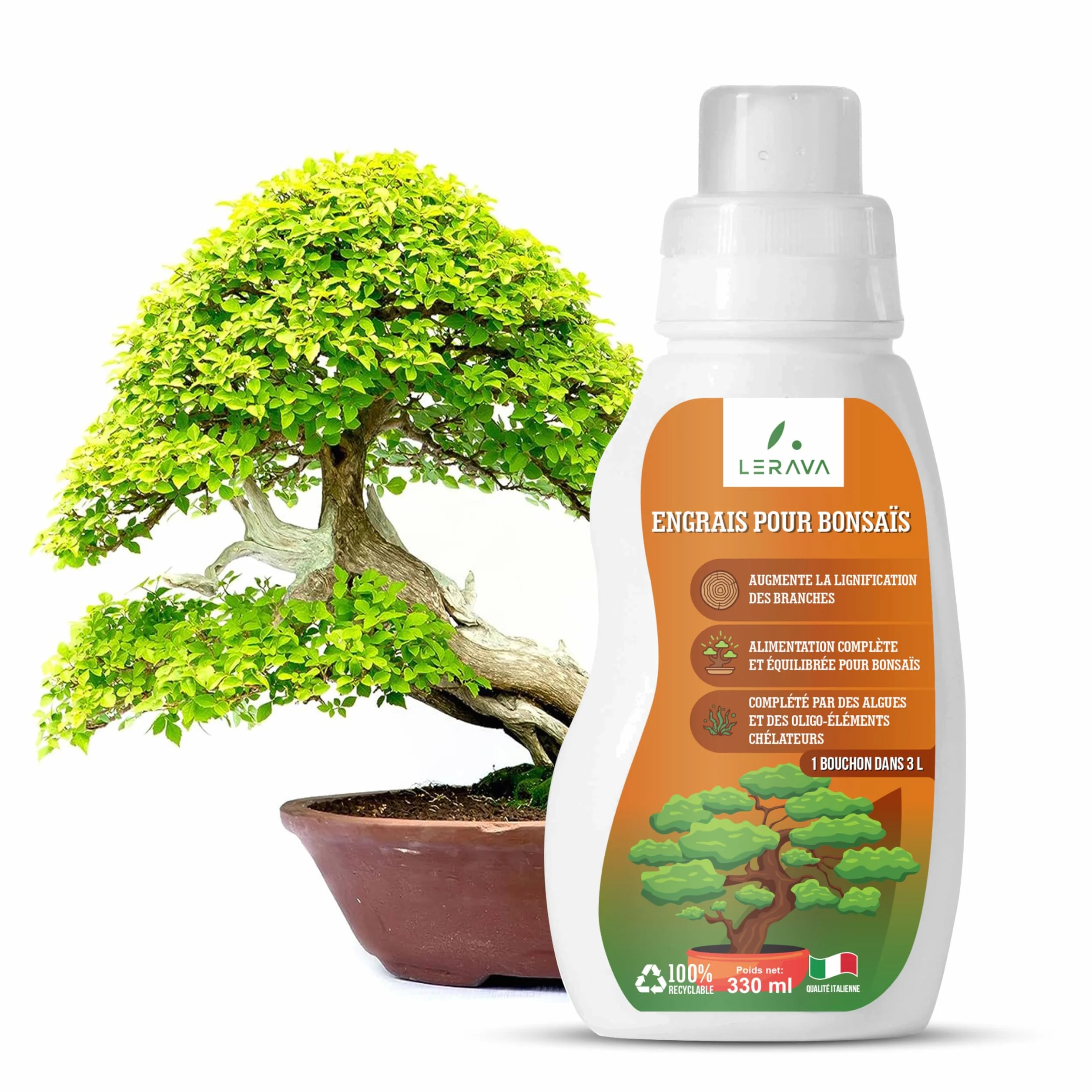 LERAVA Engrais Bonsai Liquide 330ml avec Tapo Doseur - Engrais Ficus Ginseng, Carmona, Tamac - Favorise Lignification - Made in Italy