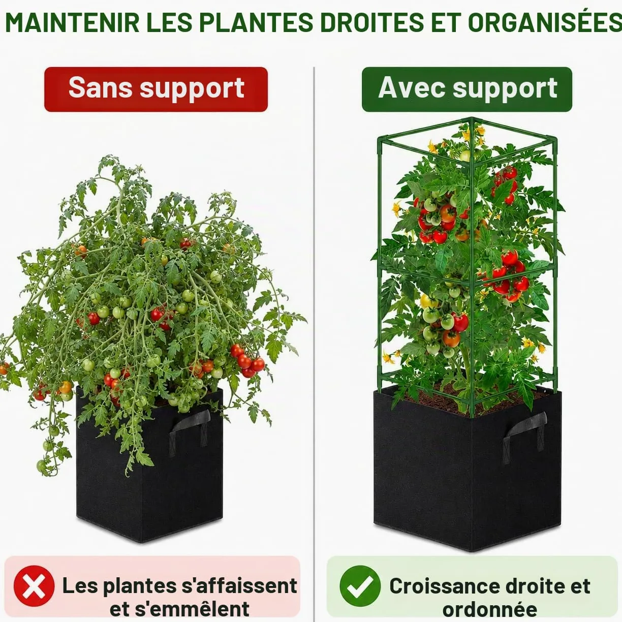 Tuteurs pour tomates avec Sacs de Culture 57 L, Lot de 3 Cages carrées en Acier 120 cm, Supports réglables pour Plantes grimpantes, Balcon, Jardin et Serre