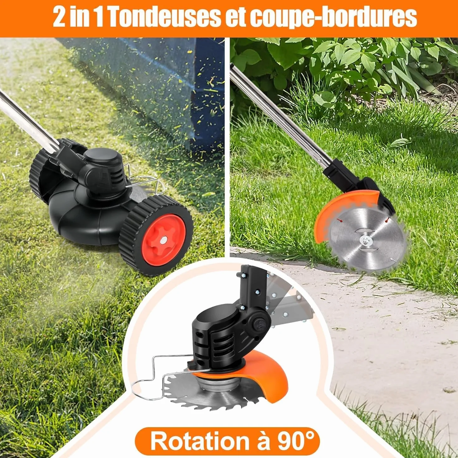 Débroussailleuse Electrique sans Fil,Coupe Bordure 2 Batteries 21v et Chargeur Taille Manche télescopique, Roues Amovibles réglables,Légère à Faible Bruit pour La Coupe De Jardin,Pelouses Arbustes
