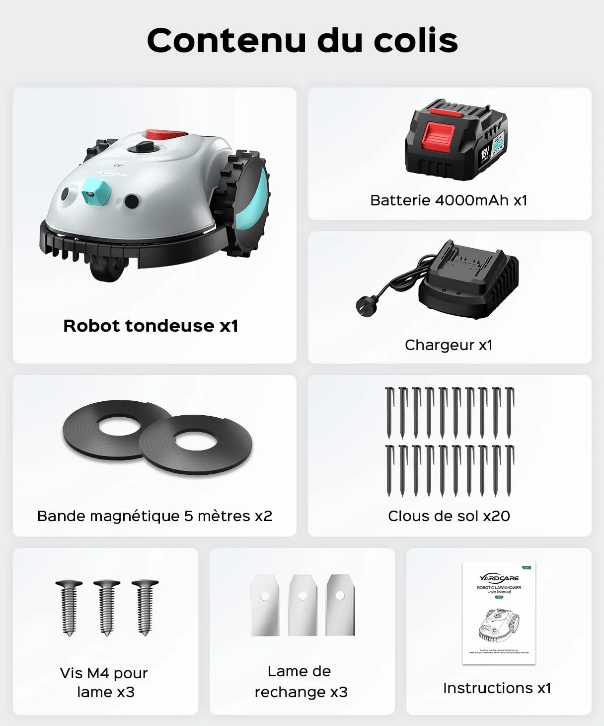 (2026 New) YARDCARE V100 Robot Tondeuse Sans Fil Périphérique,avec Navigation par Vision, Évitement d'obstacles(150 sortes), Robot Tondeuse Gazon avec Batterie 4 Ah, Bande magnétique, Lame de Rechange