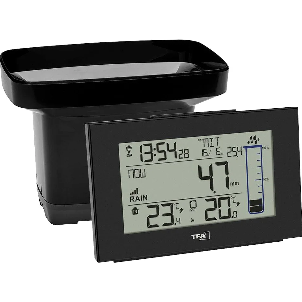 TFA Dostmann Pluviomètre numérique sans Fil Splash, 47.3006.01, pour Le Jardin, pluviomètre, sans Fil, avec Auto-vidangeable, Noir