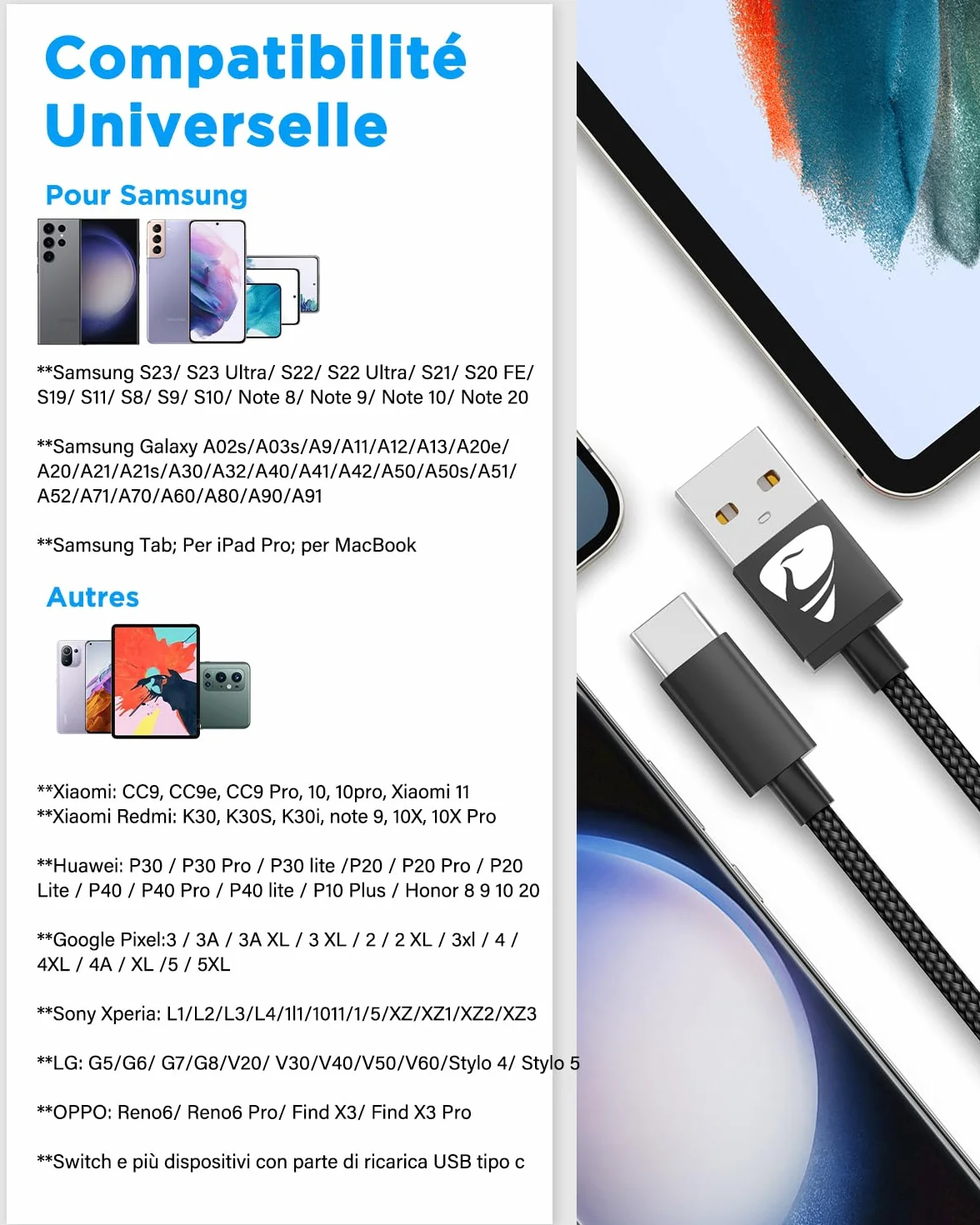 Aioneus Câble USB C Lot de 2 2M+1M Charge Rapide 3A Tressé Type C pour Samsung Galaxy S21 S22 S23 S24 S8 A21s A34 A53 iPhone 15 16 Google Pixel Xiaomi