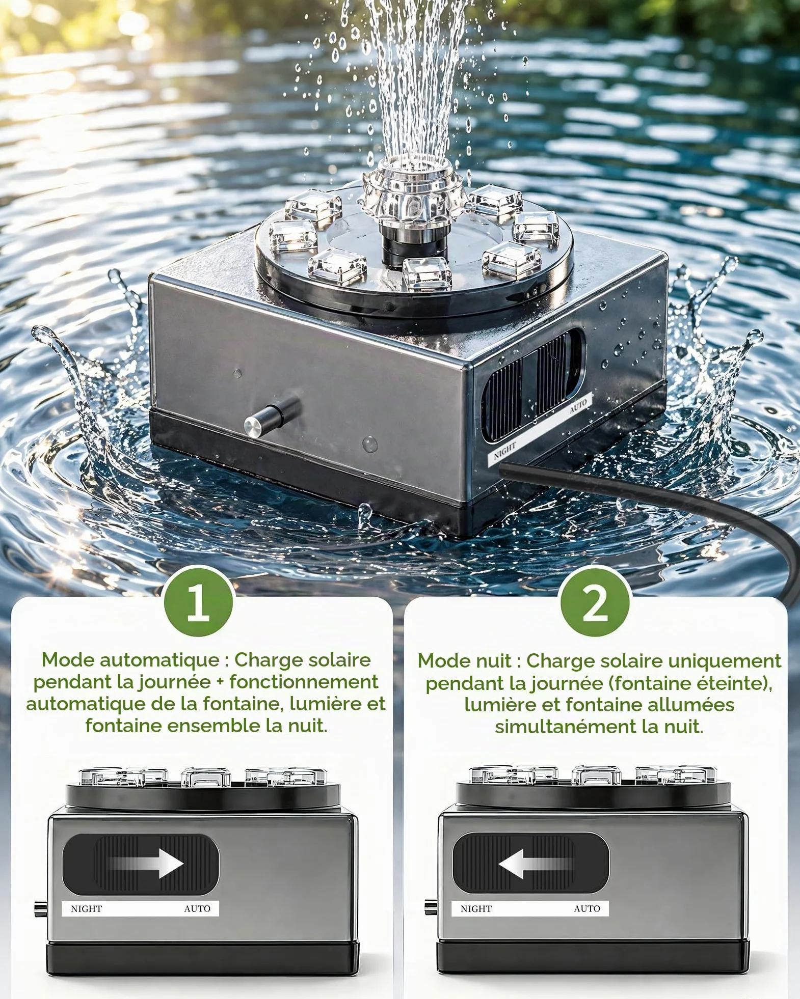 Pompe de bassin solaire 8W avec batterie 1800mAh – Fontaine solaire pour l’extérieur, idéale pour bain d’oiseau, petit bassin et jeu d’eau – 10 styles de jet et 8 LED colorées