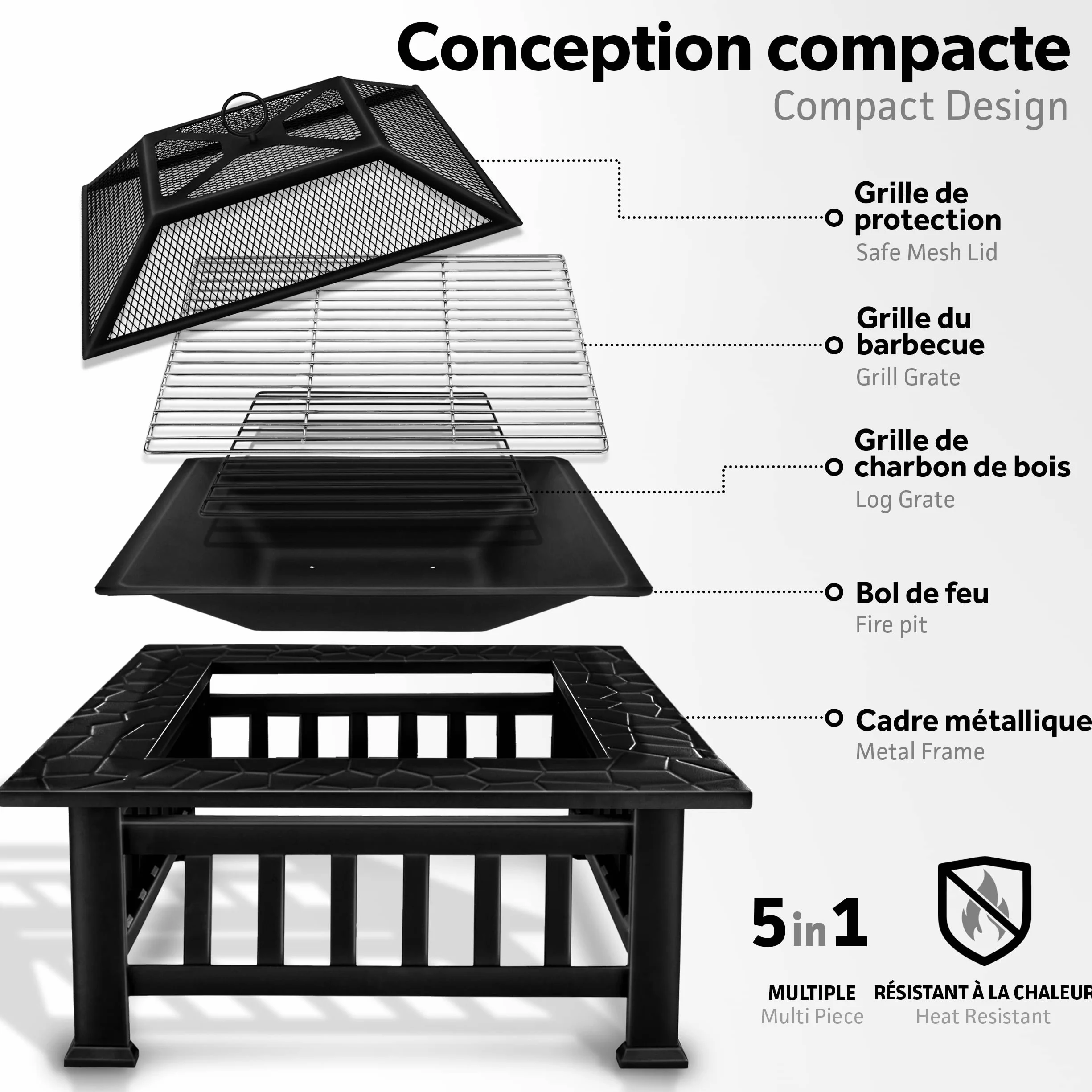 Tillvex Brasero Extérieur BBQ Jardin Terrasse Chauffage Gril Charbon Couvercle Feu Barbecue Tisonnier
