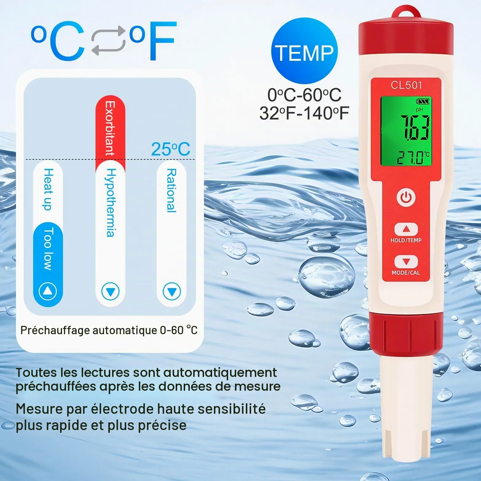 pH Chlore Mètre Piscine, Testeur pH Piscine Chlore Automatique 5 en 1 | Mesure pH, Chlore, ORP, H2 et Température, Testeur d'eau pour Piscines, Hydroponie, Aquariums et Eau Potable